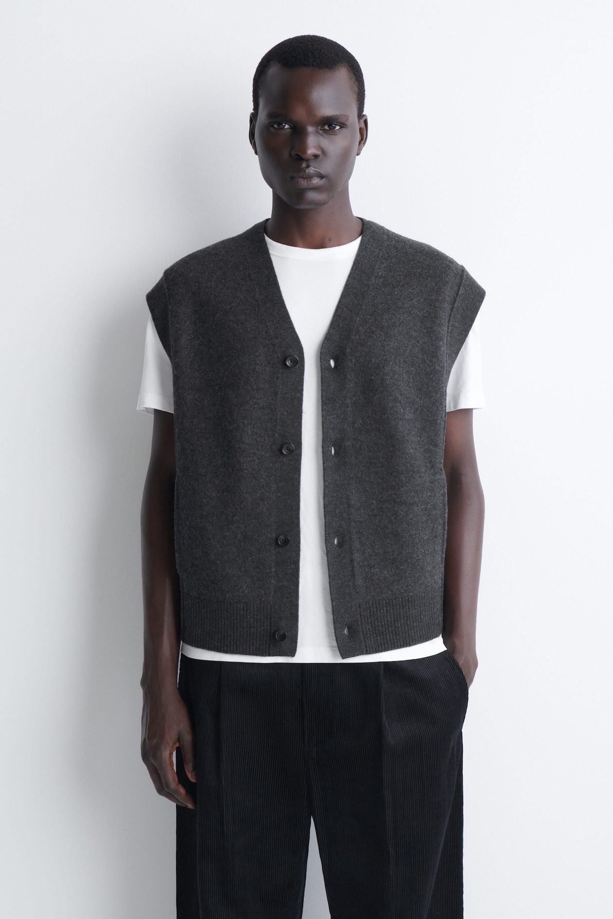 BUTTONED BOILED-WOOL VEST — CHARCOAL MÉLANGE