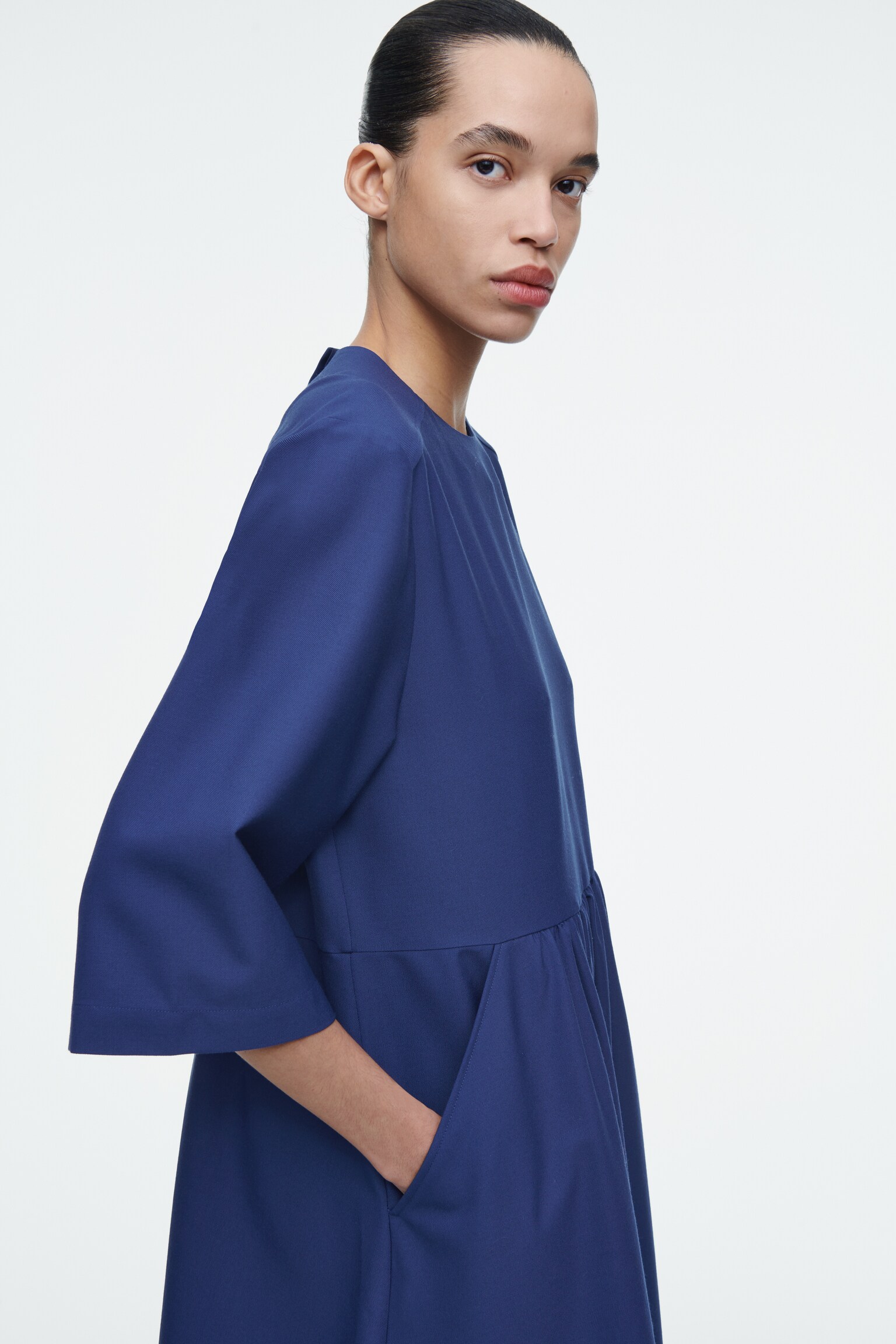 ROBE MIDI FRONCÉE EN LAINE MÉLANGÉE - BLEU - 5