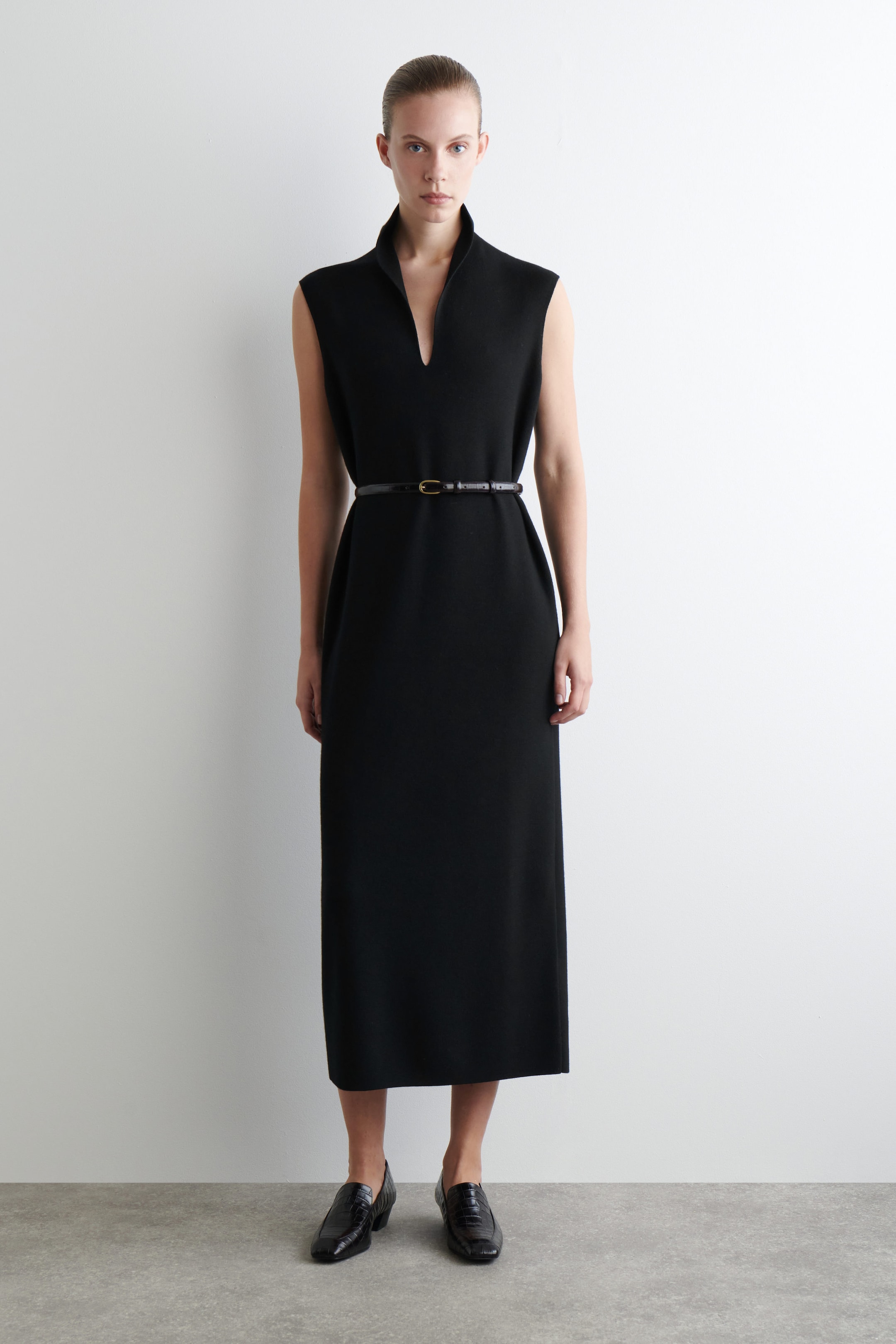 DRAPED-COLLAR MERINO WOOL DRESS
