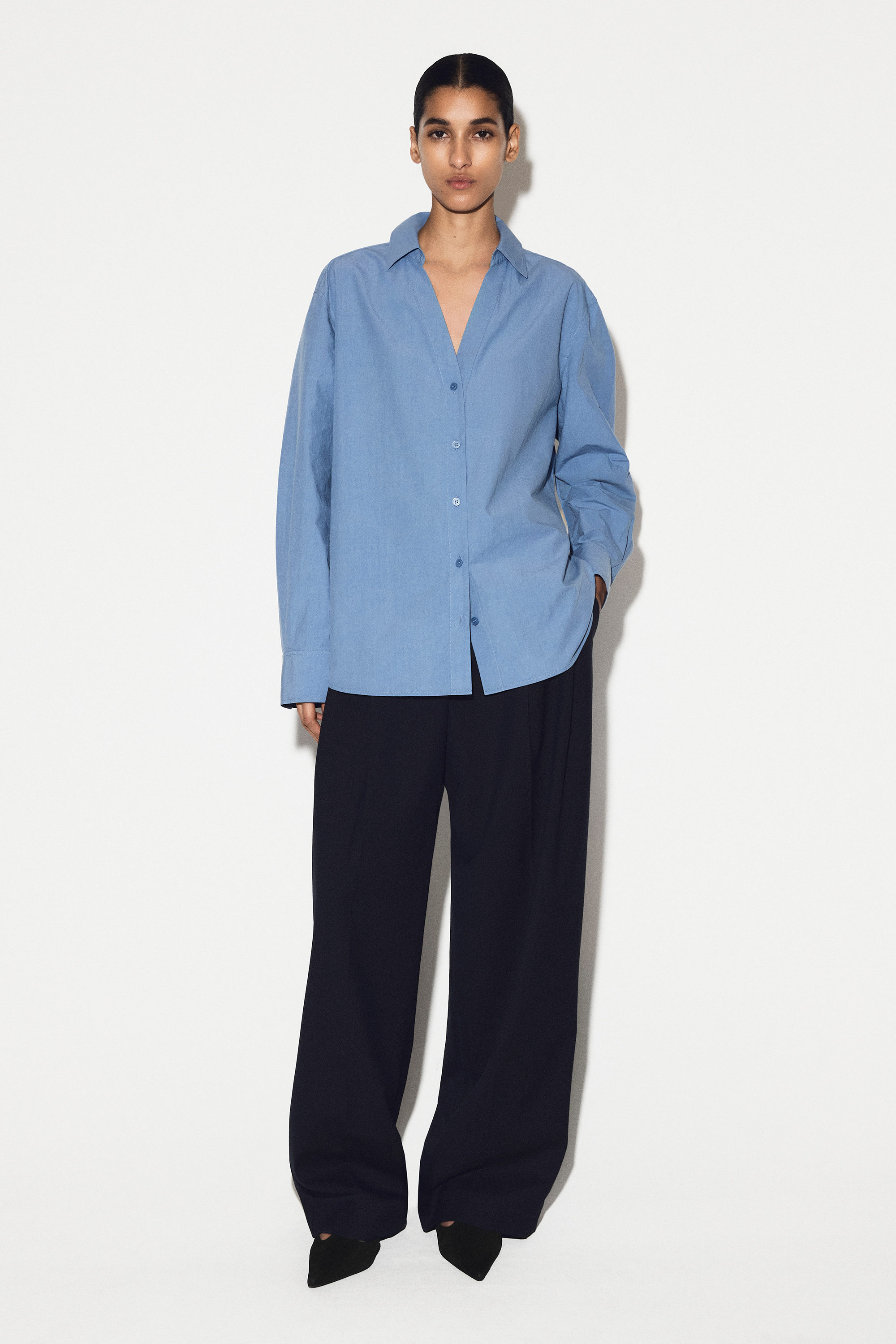OPEN-COLLAR COTTON-POPLIN SHIRT - BLUE | COS US