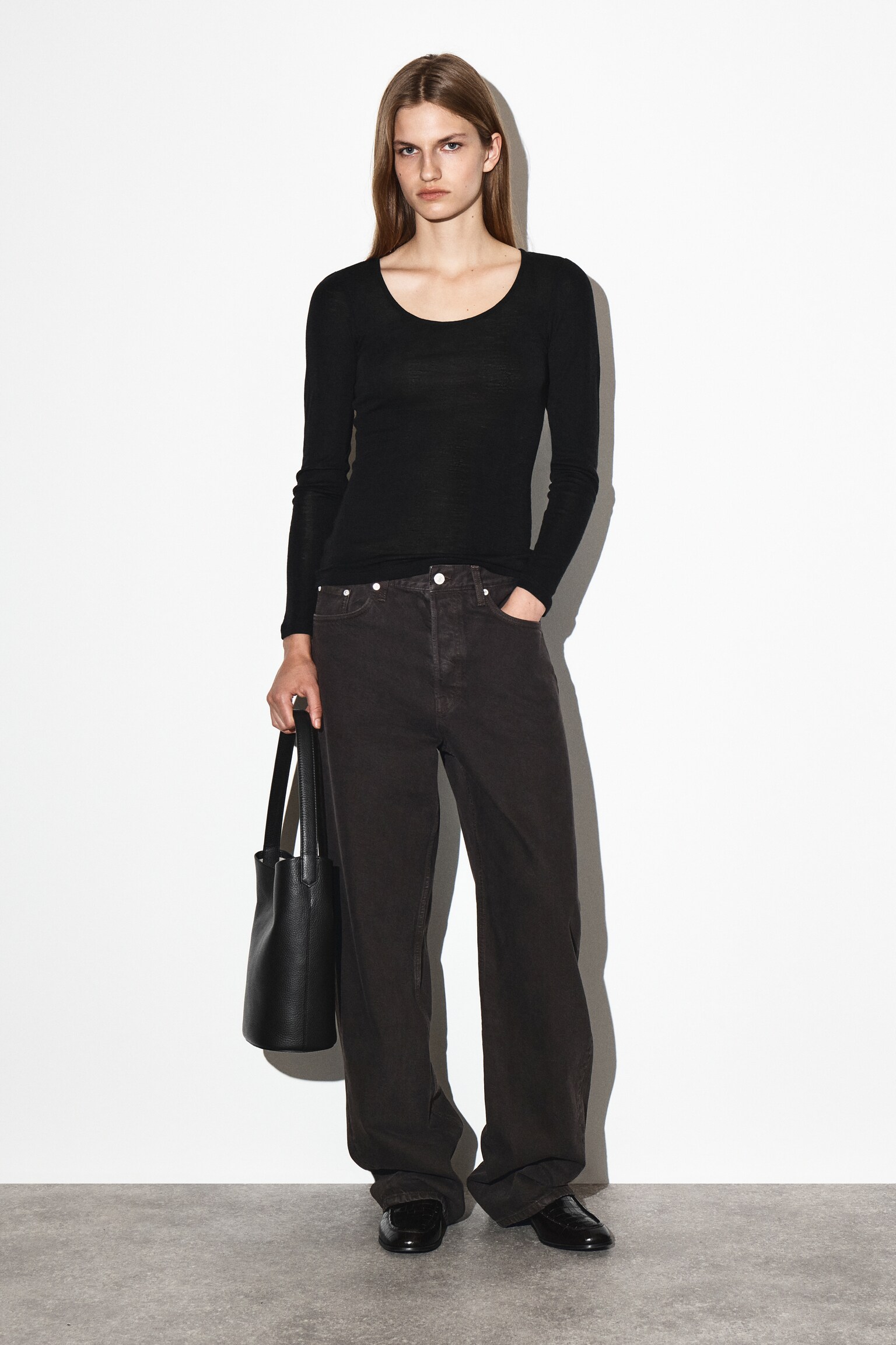 MERINO WOOL SCOOP-NECK TOP - BLACK/GREY MÉLANGE/LIGHT-BROWN MÉLANGE - 4