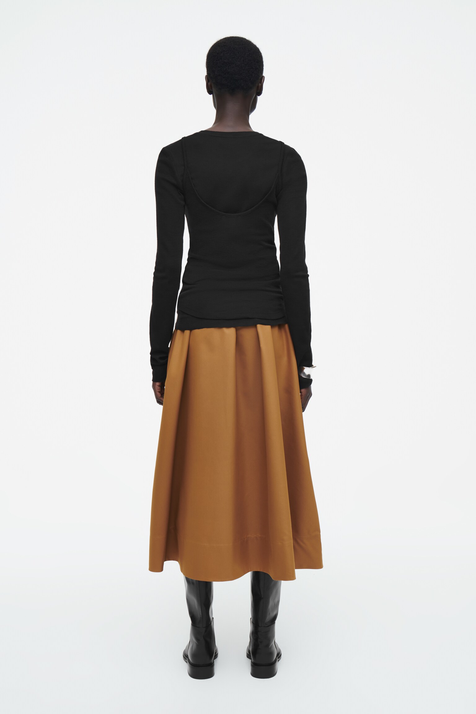 GATHERED A-LINE MIDI SKIRT - BROWN/NAVY - 4