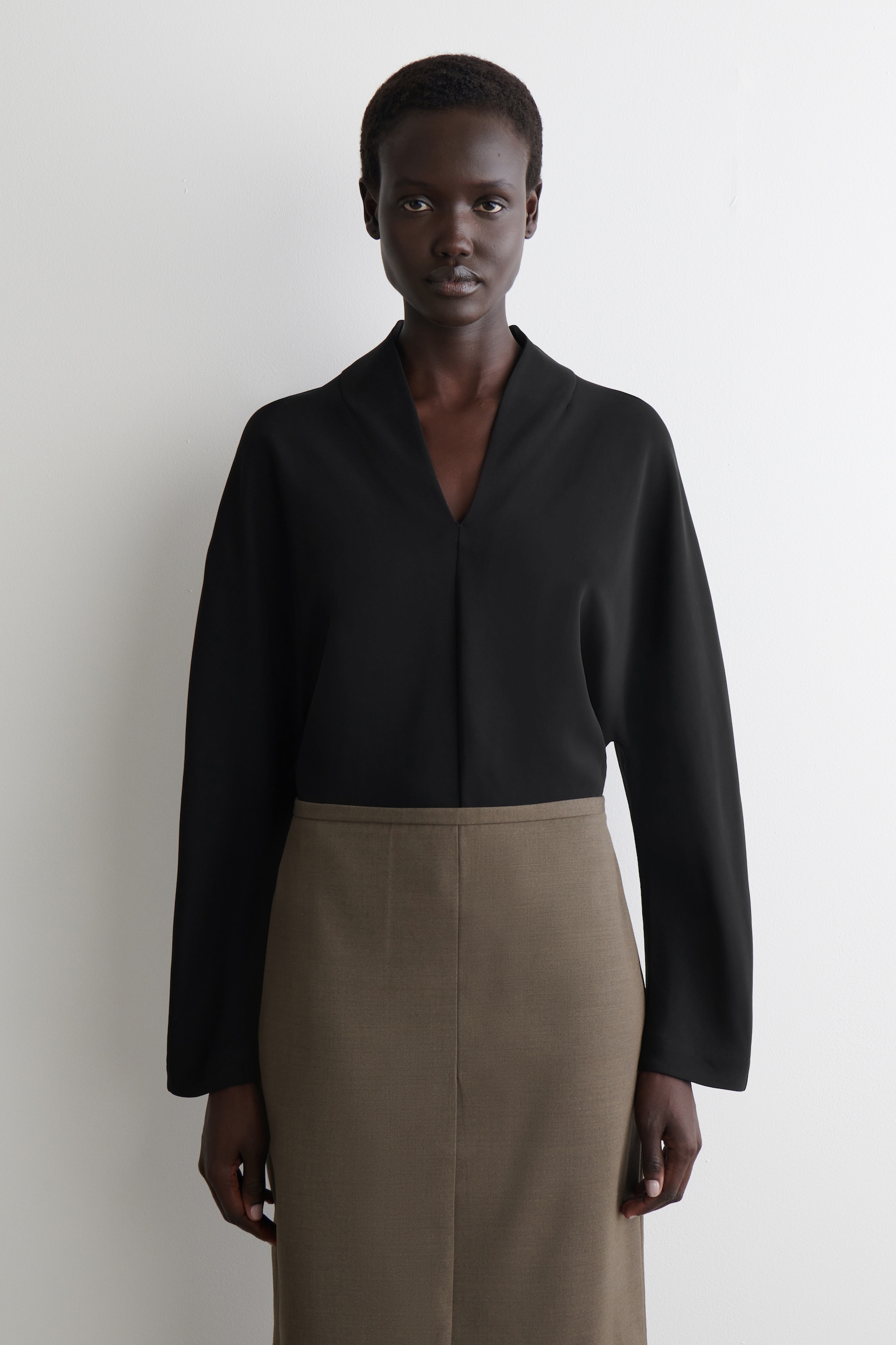 DRAPED-COLLAR BLOUSE - BLACK