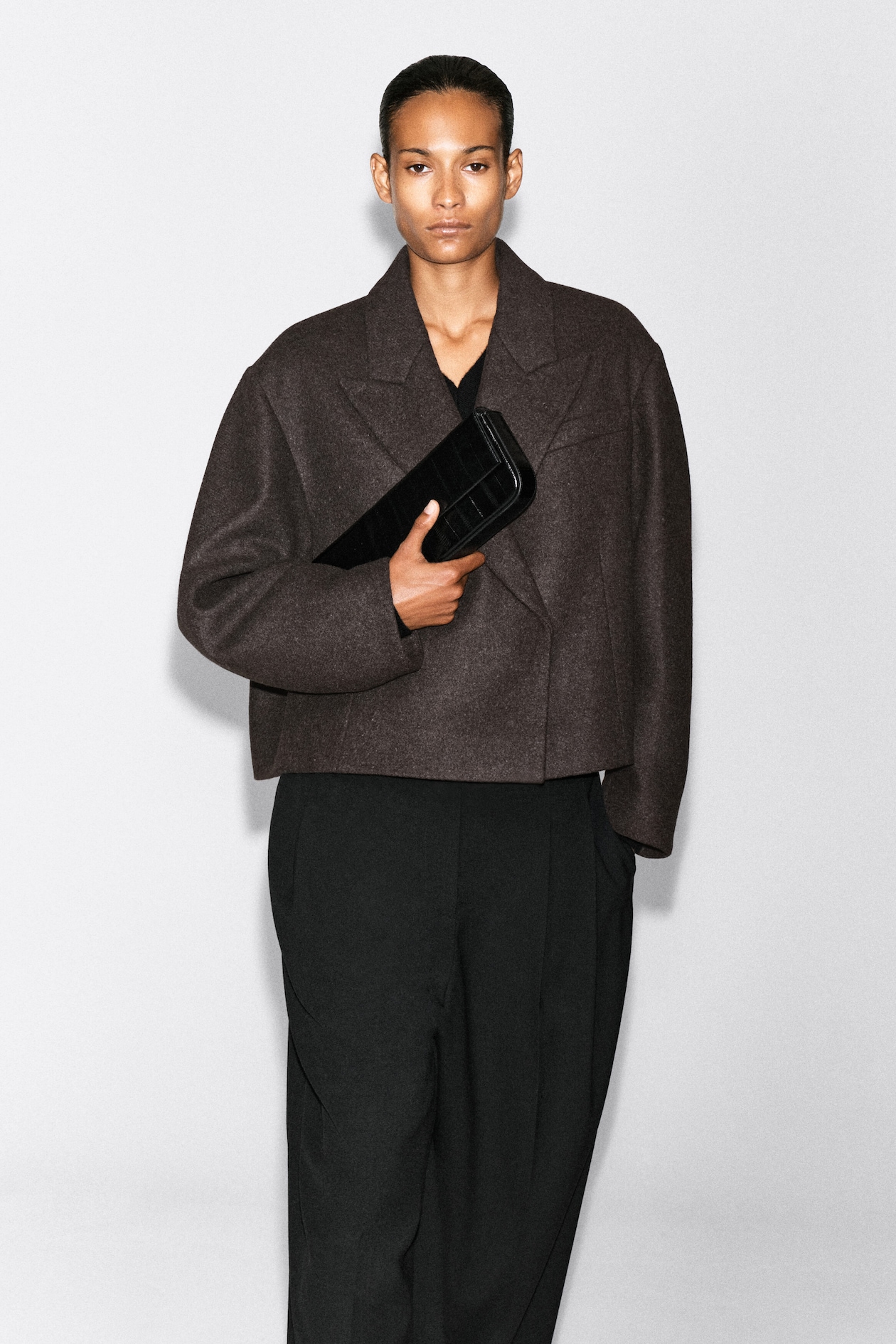 OVERSIZED CROPPED BOILED WOOL-BLEND BLAZER — CAMEL MÉLANGE