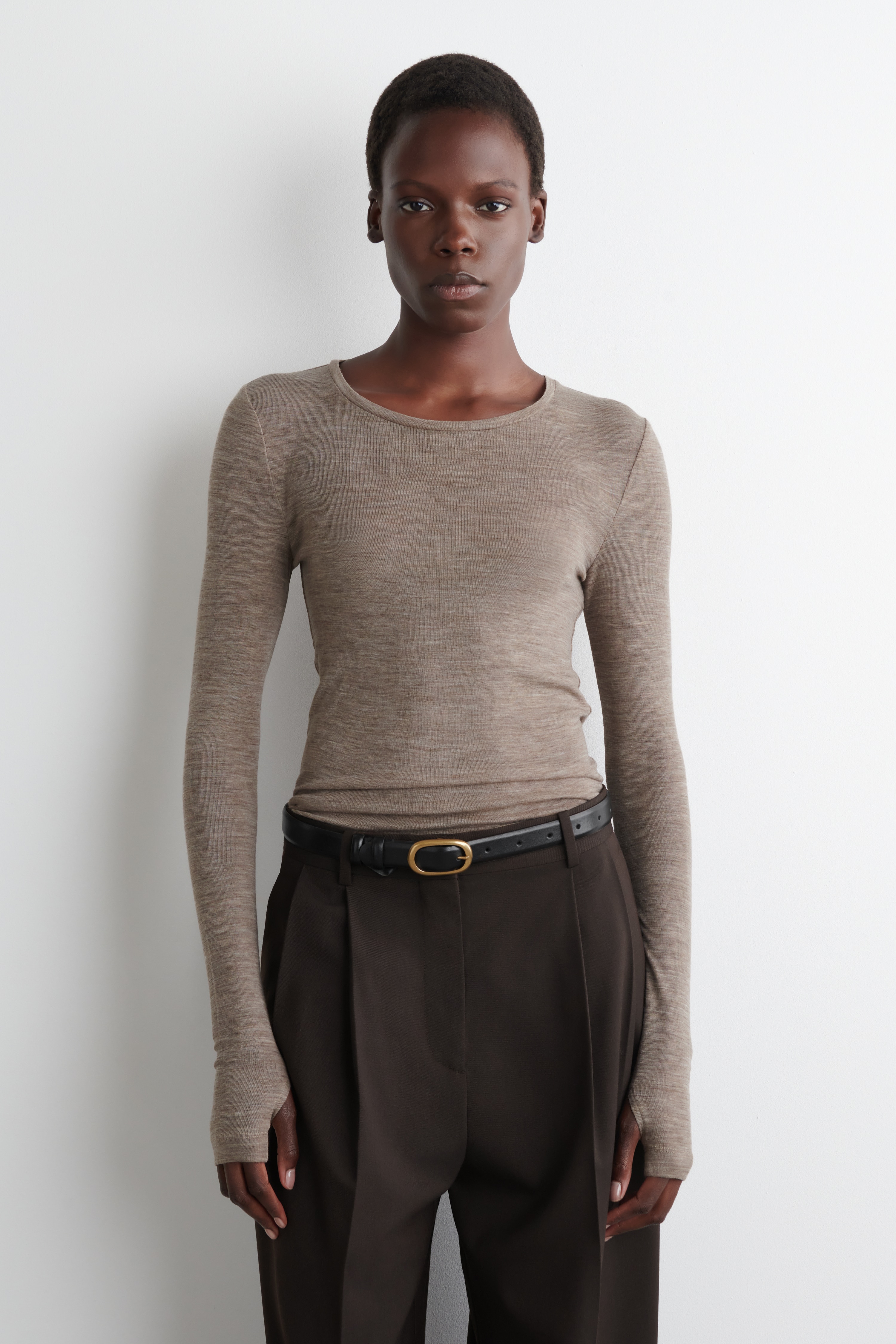 SLIM MERINO WOOL TOP - TAUPE MÉLANGE/CHARCOAL MÉLANGE/NAVY/DARK GREEN/RED/DARK-BROWN MÉLANGE/GREY / FLECKED/CAMEL MÉLANGE