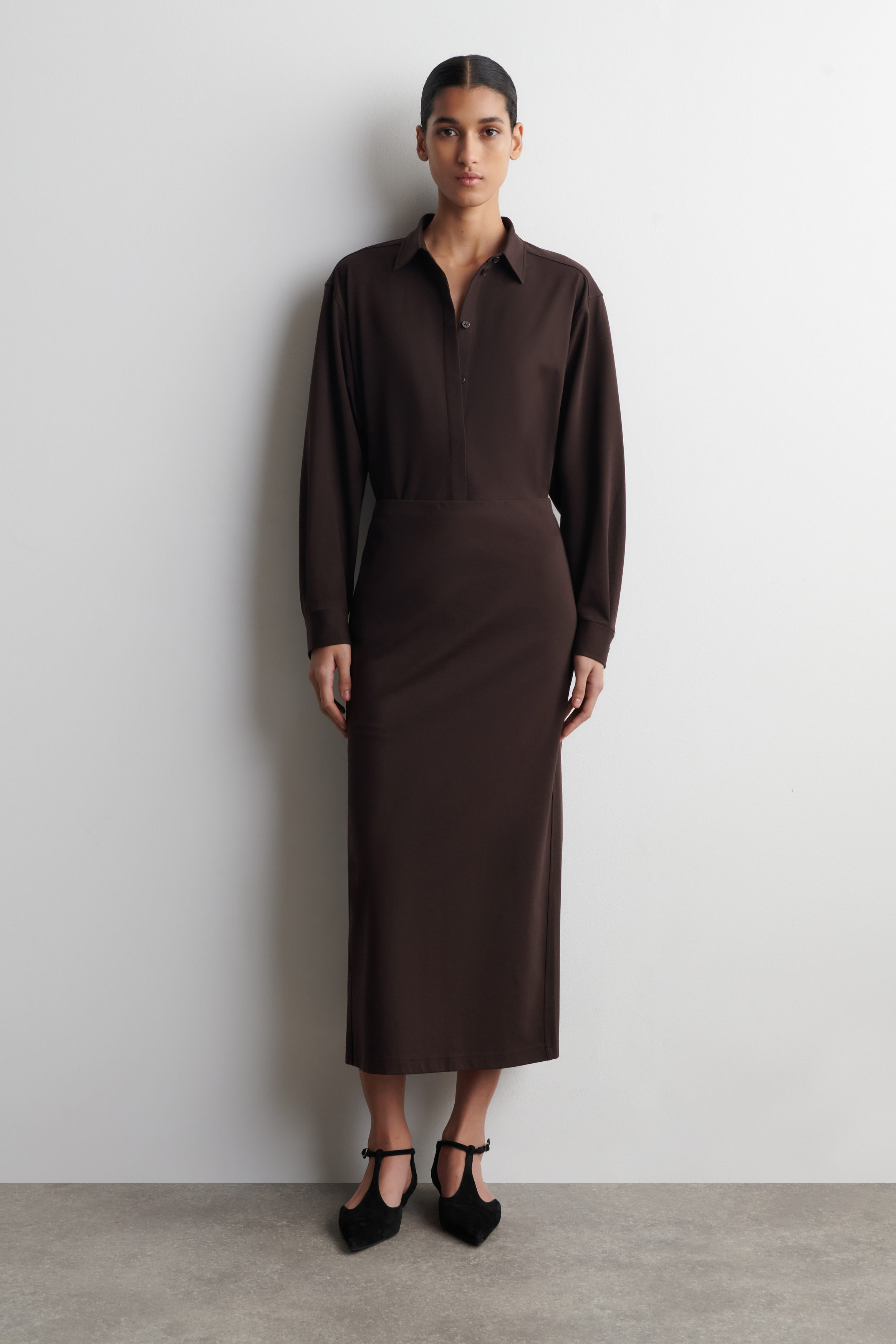 JERSEY MIDI PENCIL SKIRT - DARK BROWN | COS US