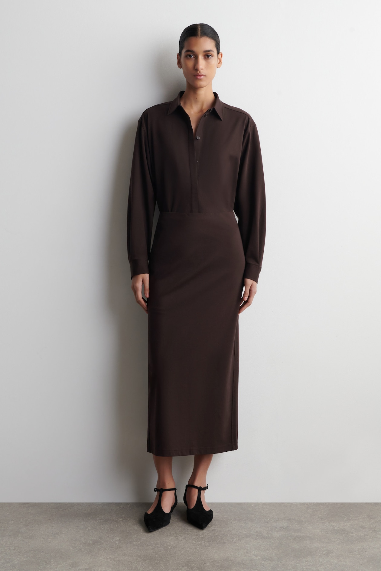 JERSEY MIDI PENCIL SKIRT — DARK BROWN