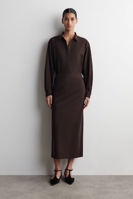 JERSEY MIDI PENCIL SKIRT — DARK BROWN 1