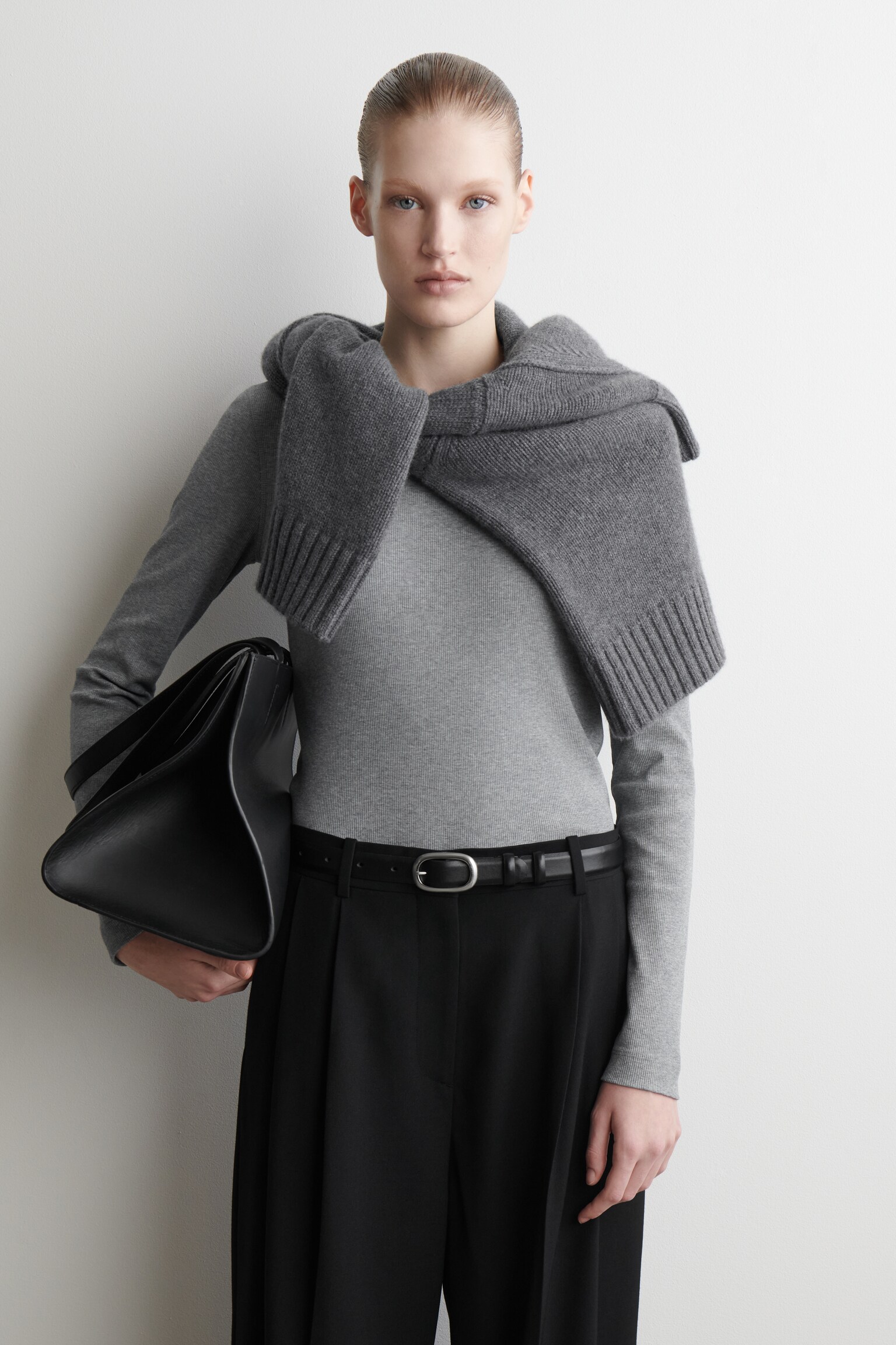 RIBBED JERSEY LONG-SLEEVED TOP - GREY MÉLANGE/BLACK/WHITE