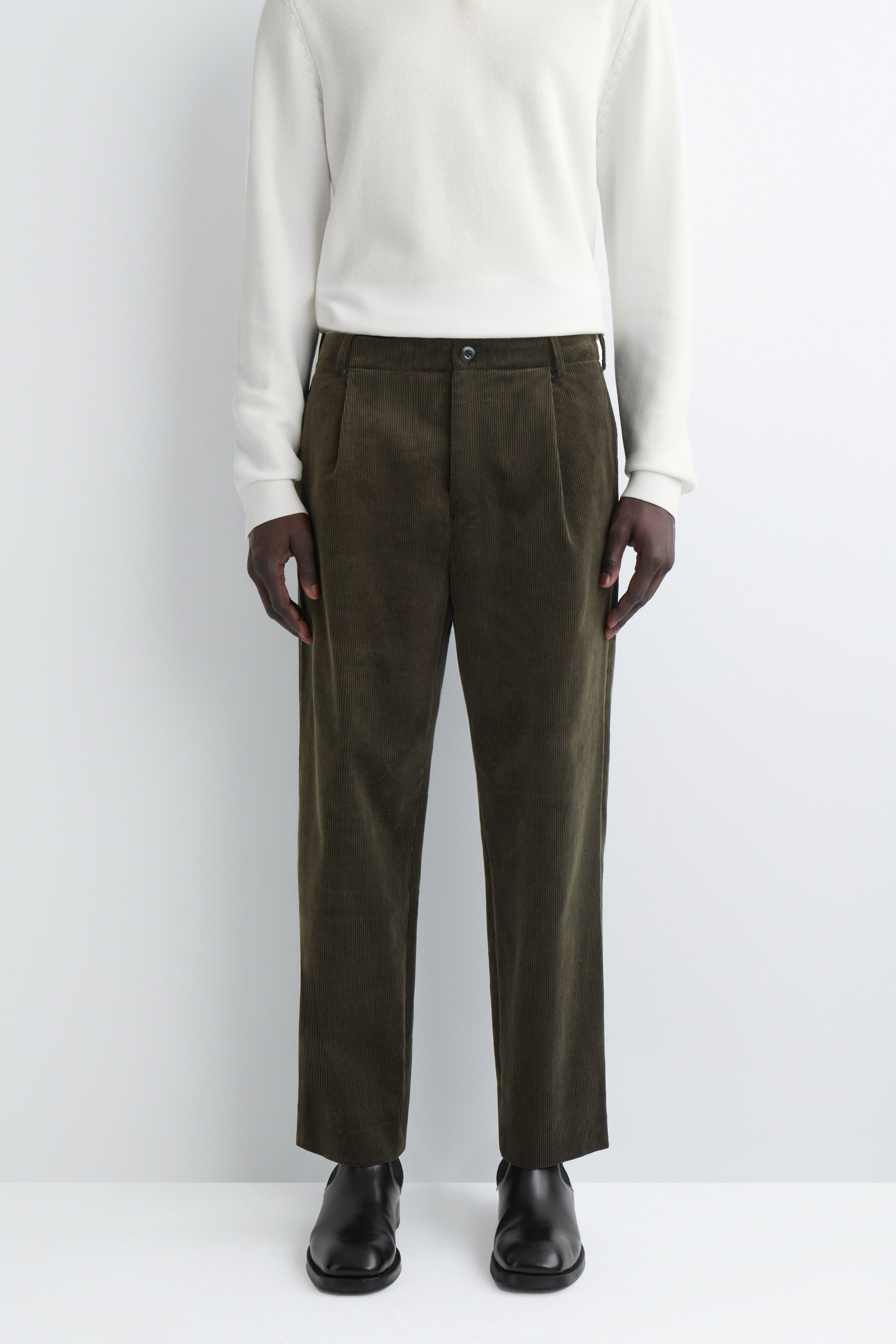 PLEATED CORDUROY RELAXED-FIT STRAIGHT-LEG PANTS - DARK KHAKI | COS US