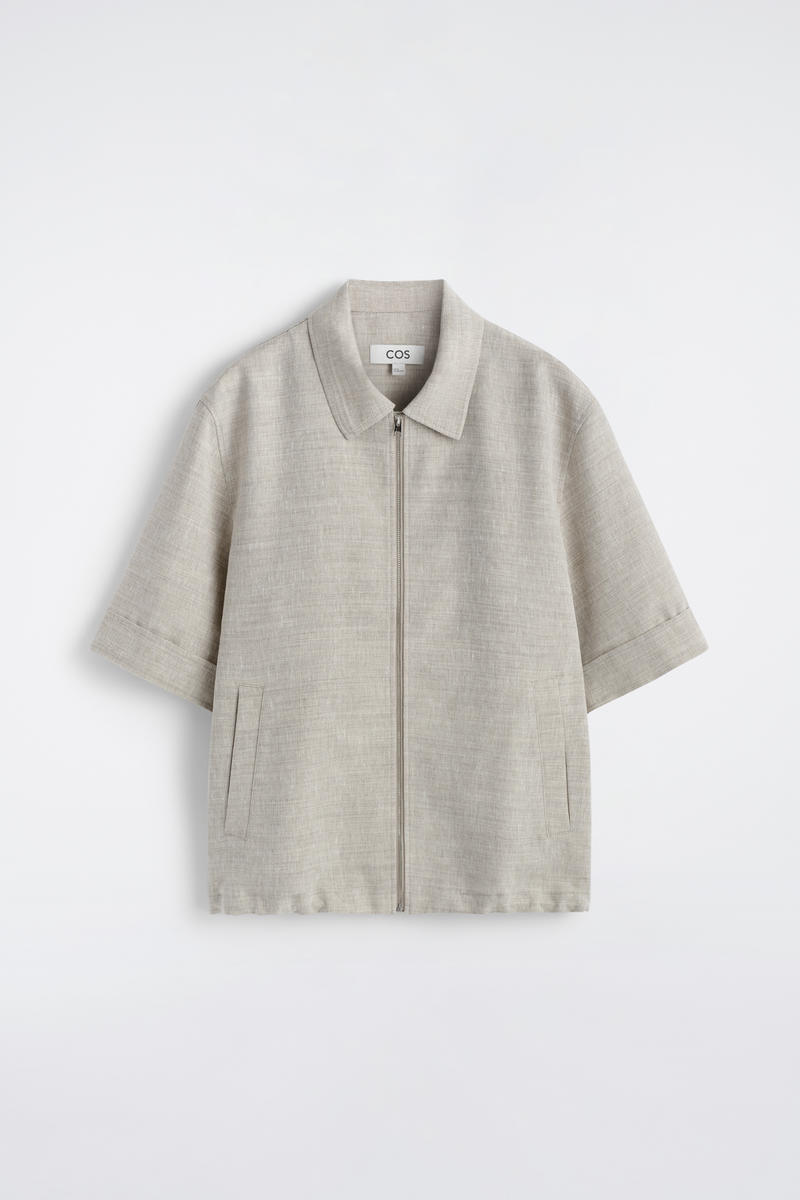 COS Linen-Wool Short-Sleeved Zip-Up Shirt In Grey Men's Extra Large