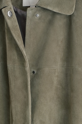 COLLARED SUEDE LONG COAT — KHAKI 1