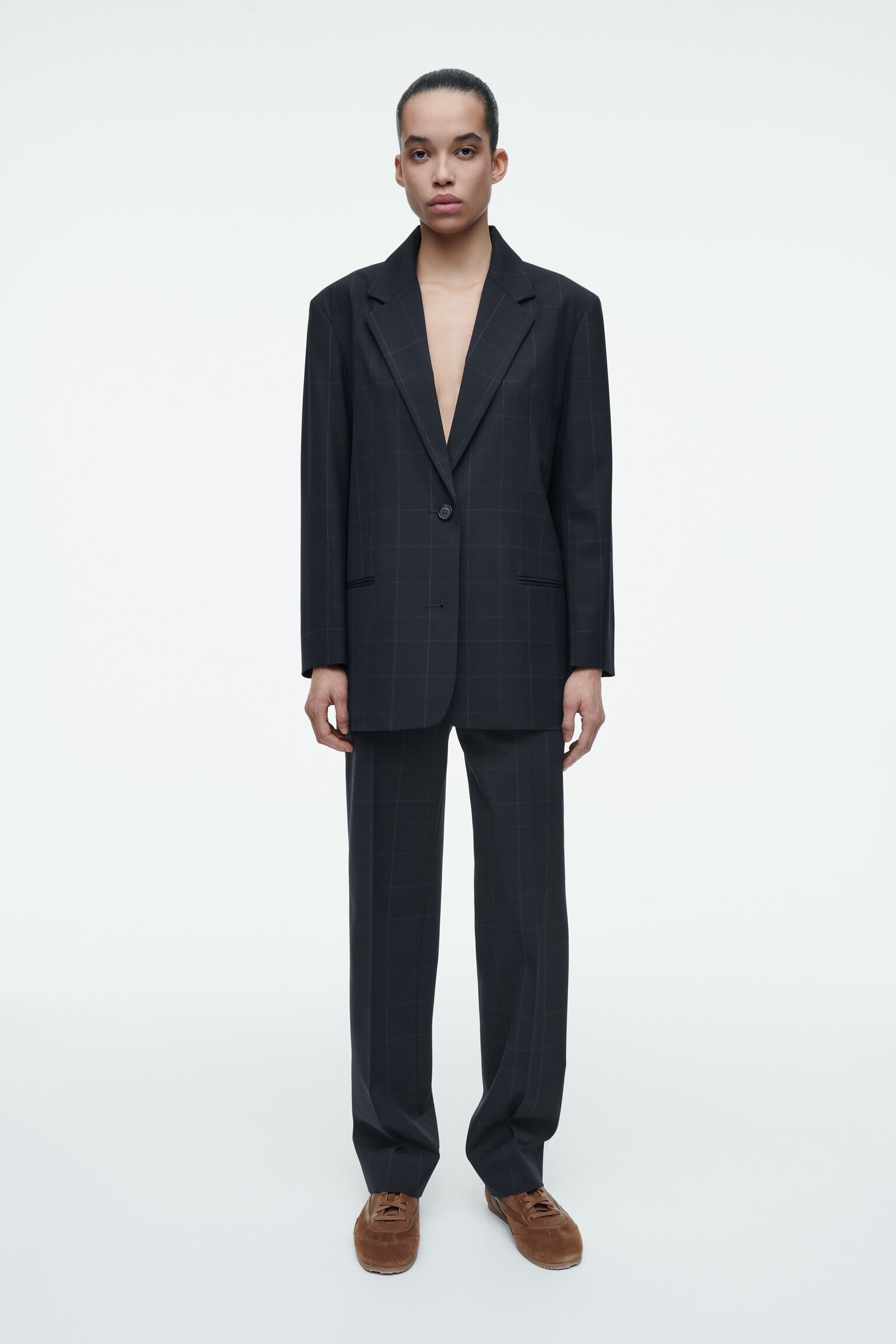 OVERSIZED WINDOWPANE-CHECK BLAZER - NAVY / CHECKED - 3