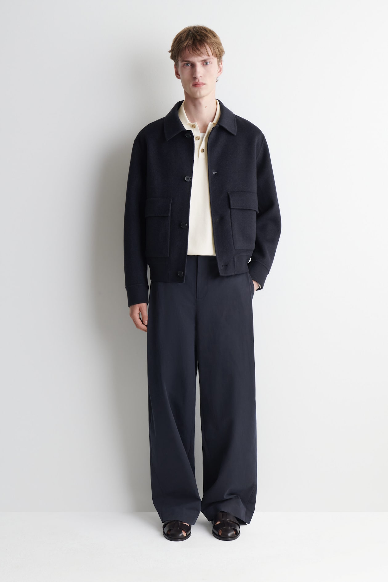 DOUBLE-FACED WOOL-BLEND BOMBER JACKET — NAVY