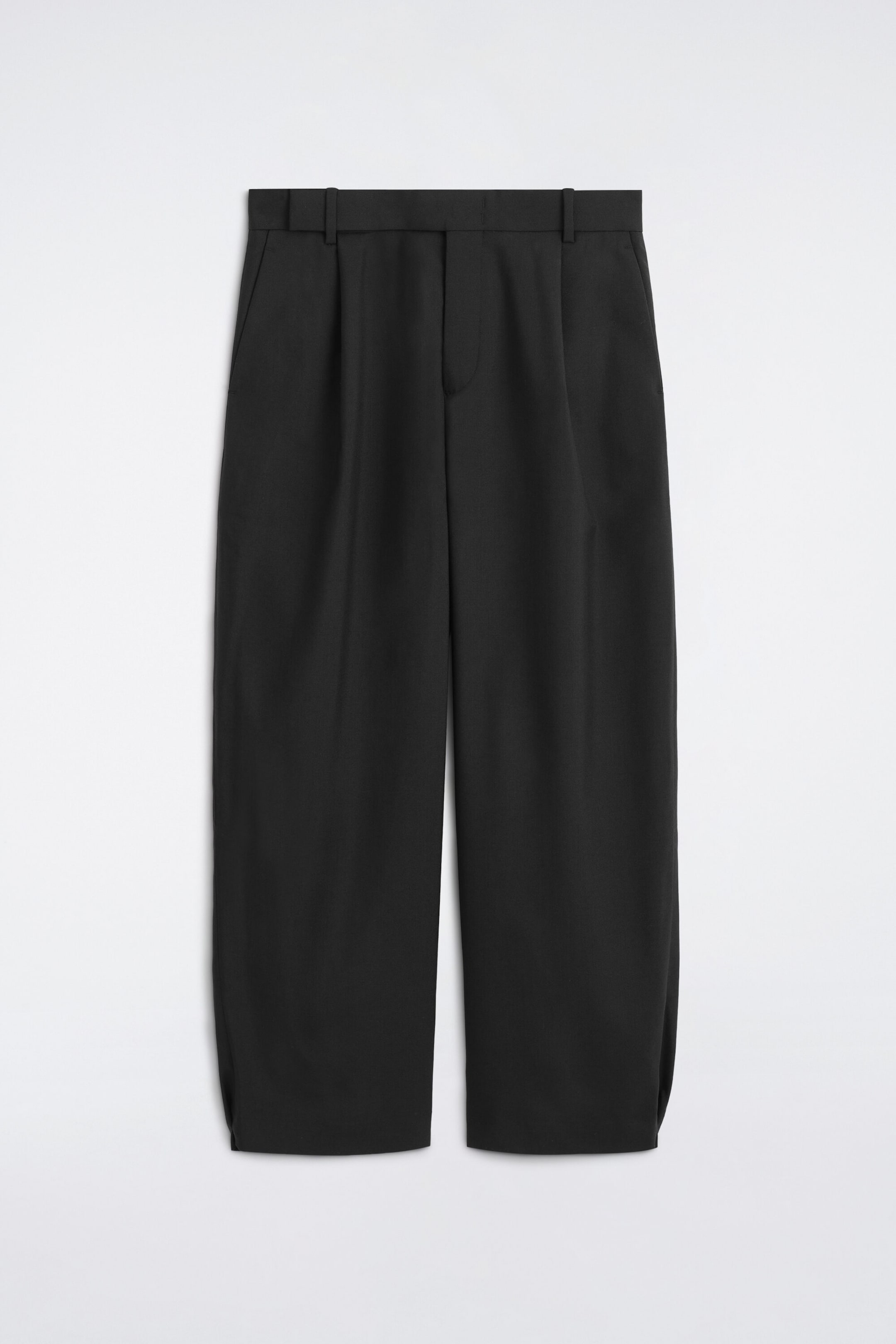 BELT-DETAIL WOOL RELAXED-FIT BARREL-LEG TROUSERS