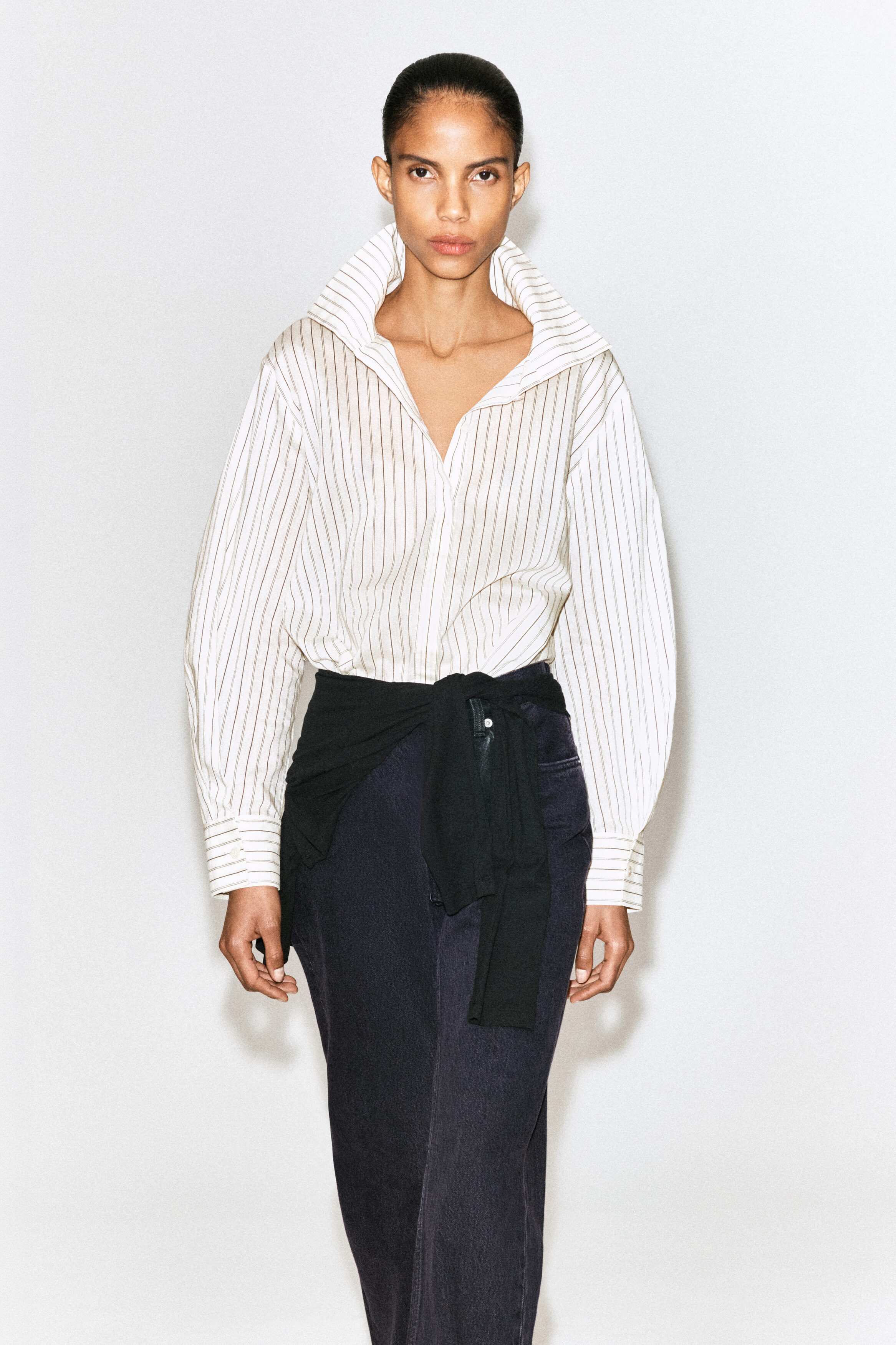 Striped Cotton-Silk High-Collar Shirt