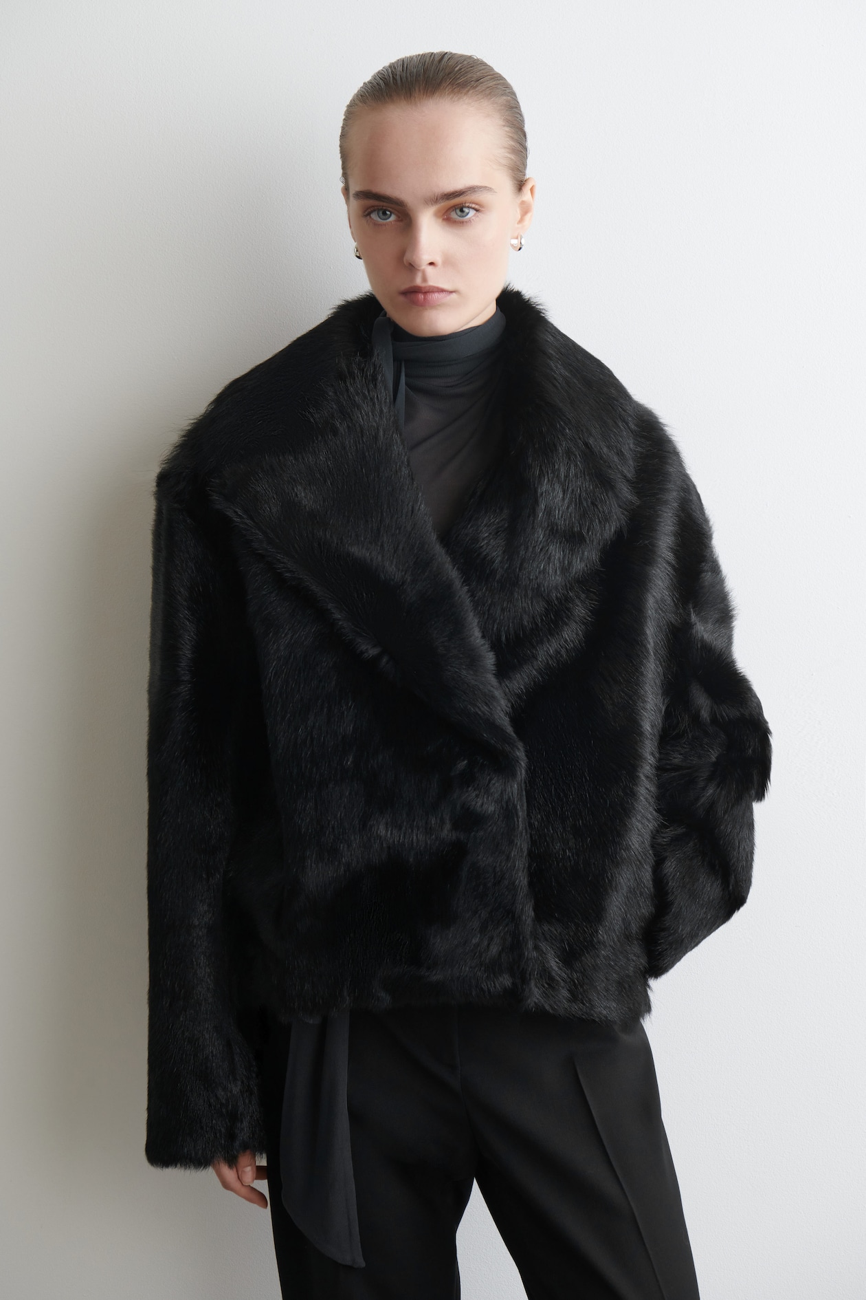 COLLARED PONY HAIR-EFFECT LEATHER JACKET — BLACK