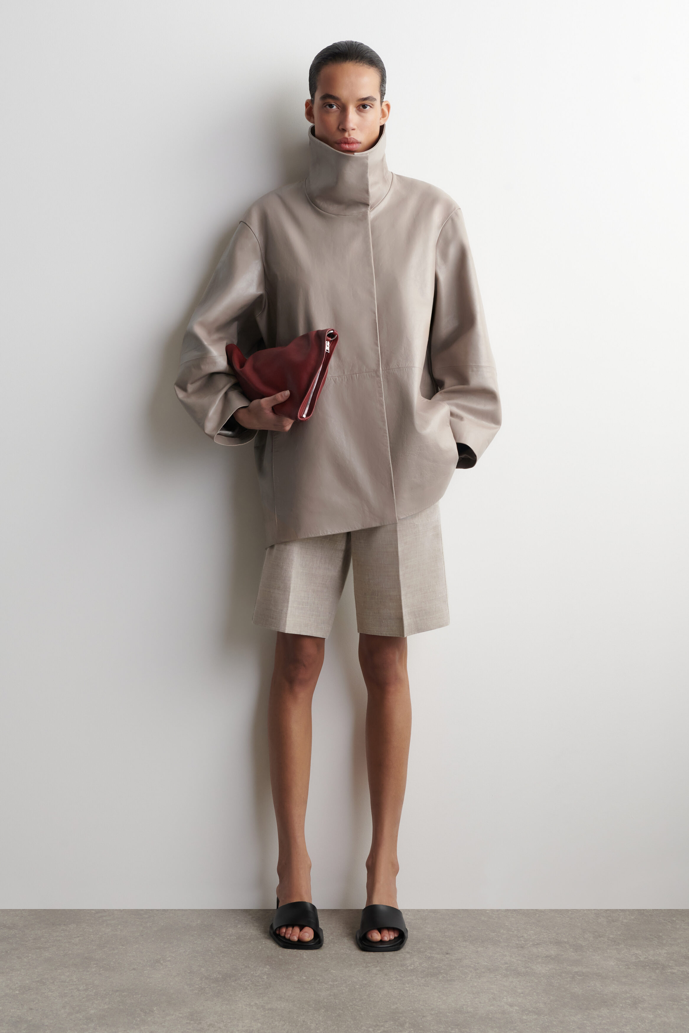 OVERSIZED LEATHER MOCK-NECK BOMBER JACKET - WHEAT | COS US