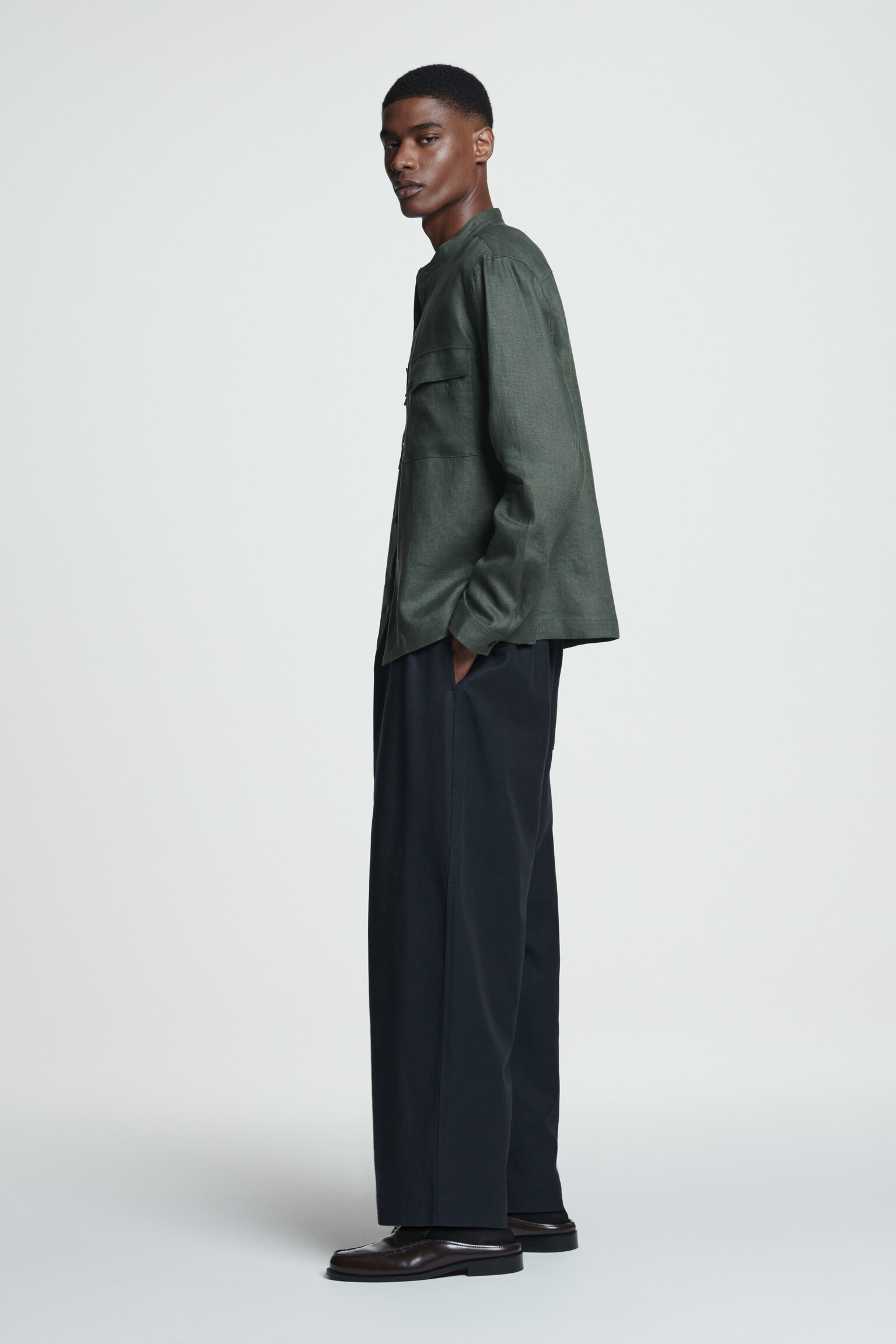 SURCHEMISE À COL OFFICIER EN LIN - VERT/BEIGE - 5