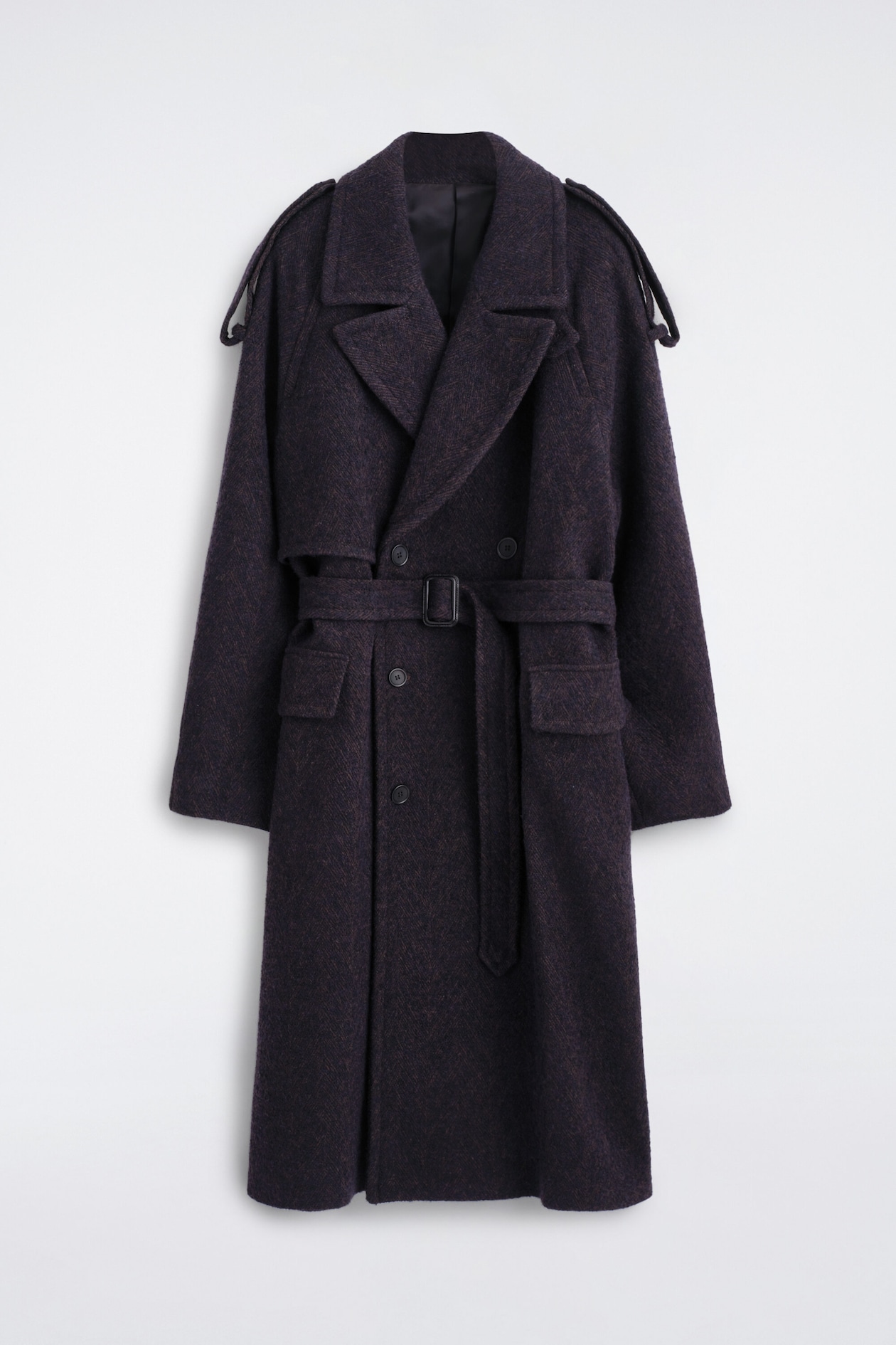DOUBLE-FACED WOOL-BLEND HERRINGBONE COAT — DARK BROWN