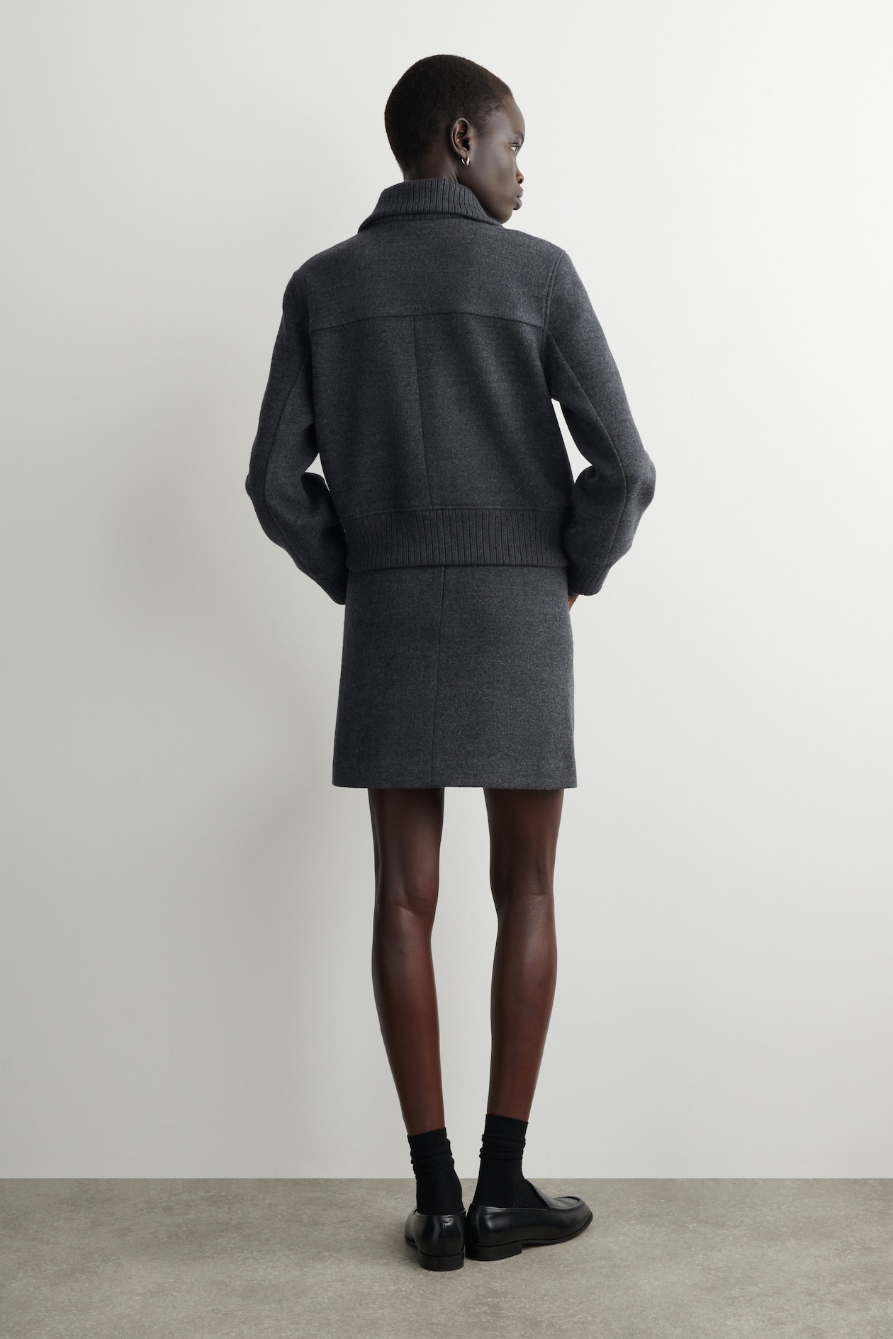 BOILED MERINO WOOL MINI SKIRT — GREY