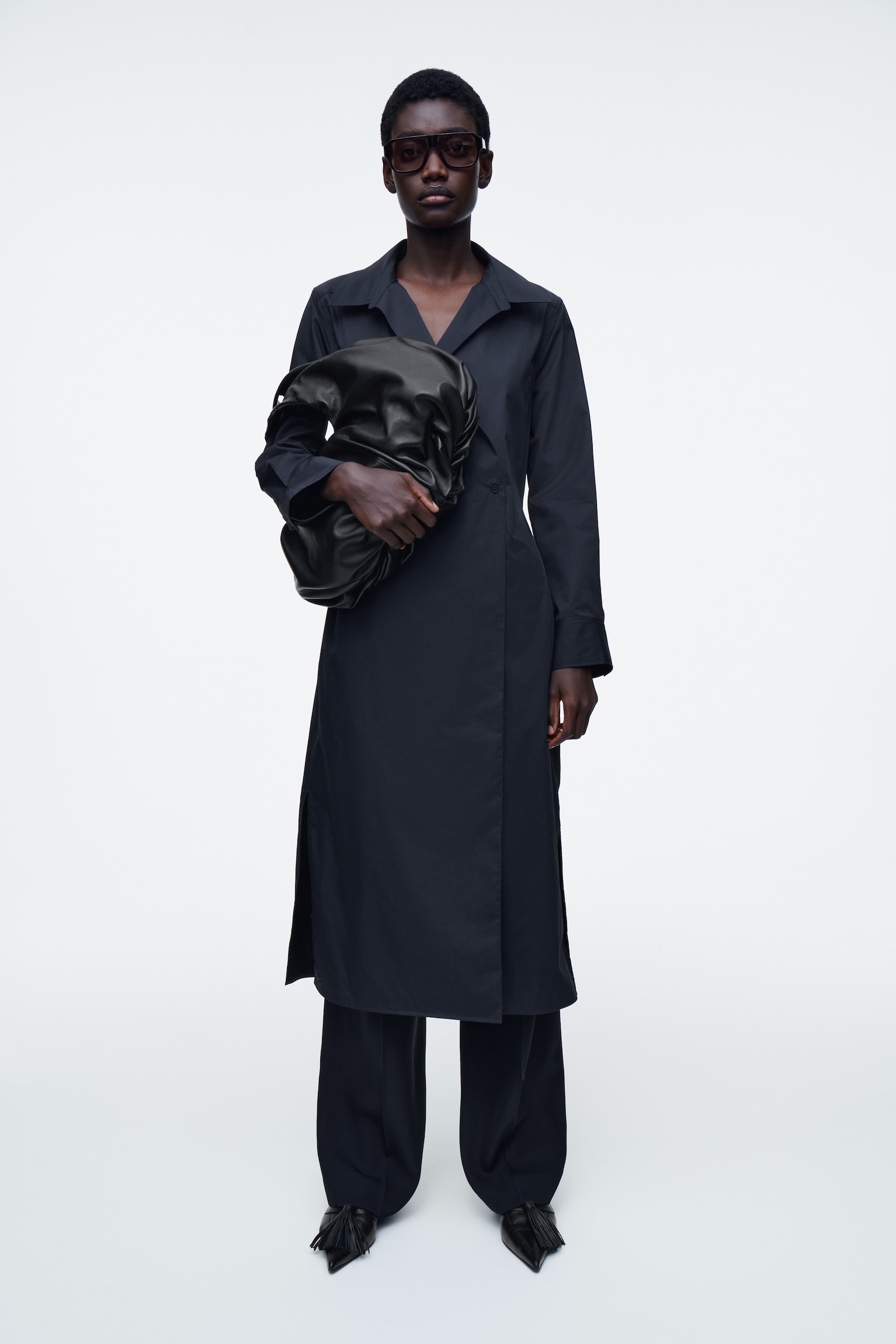 DOUBLE-BREASTED MIDI SHIRT DRESS - NAVY/KHAKI