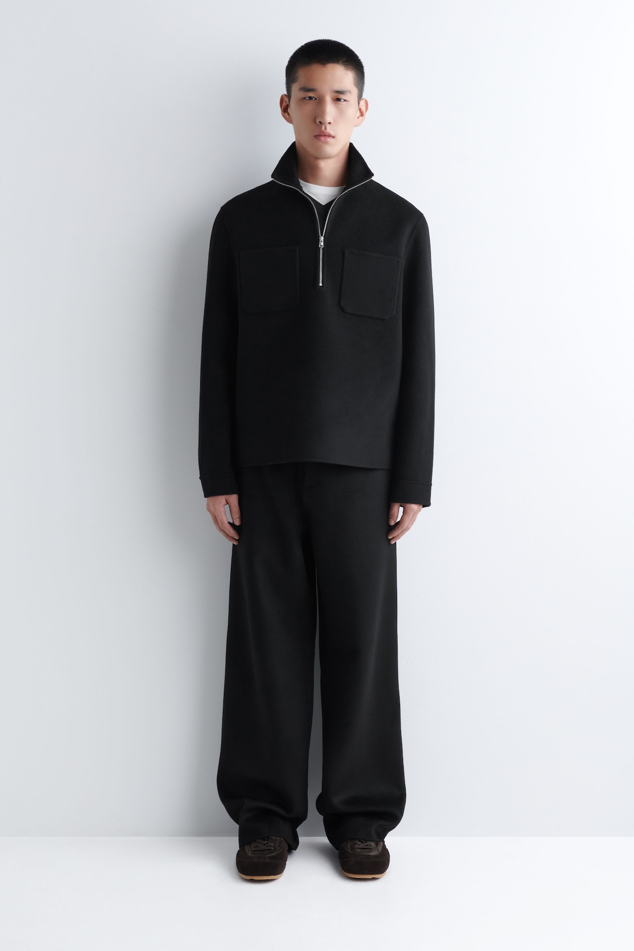 DOUBLE-FACED WOOL ZIP-UP SWEATSHIRT — BLACK