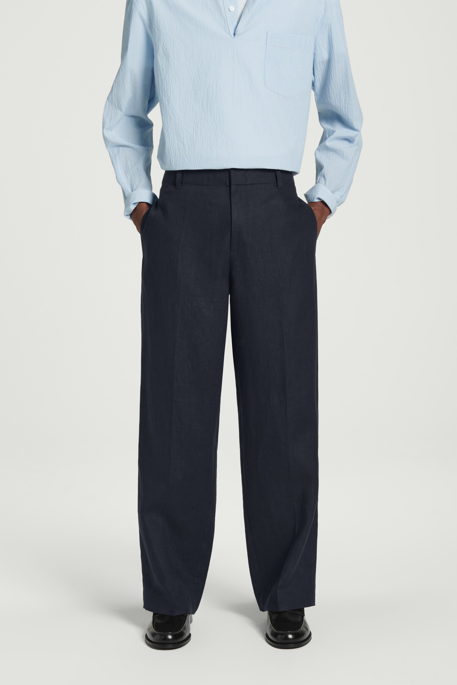 PANTALONES RECTOS DE LINO ELÁSTICOS - AZUL MARINO/MARRÓN - 4