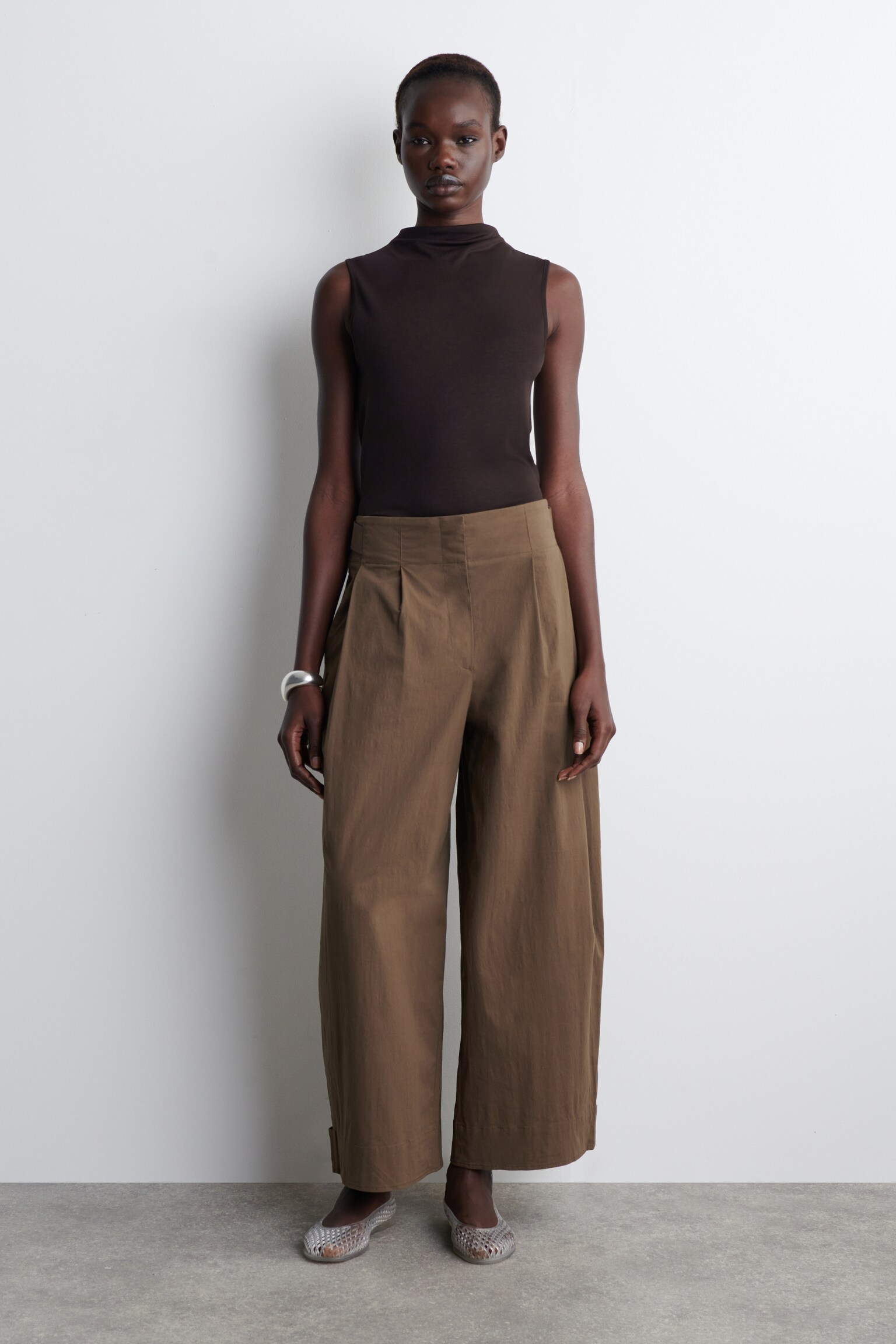 PANTALON COURT BARREL EN COTON - BRUN/BLANC - 1