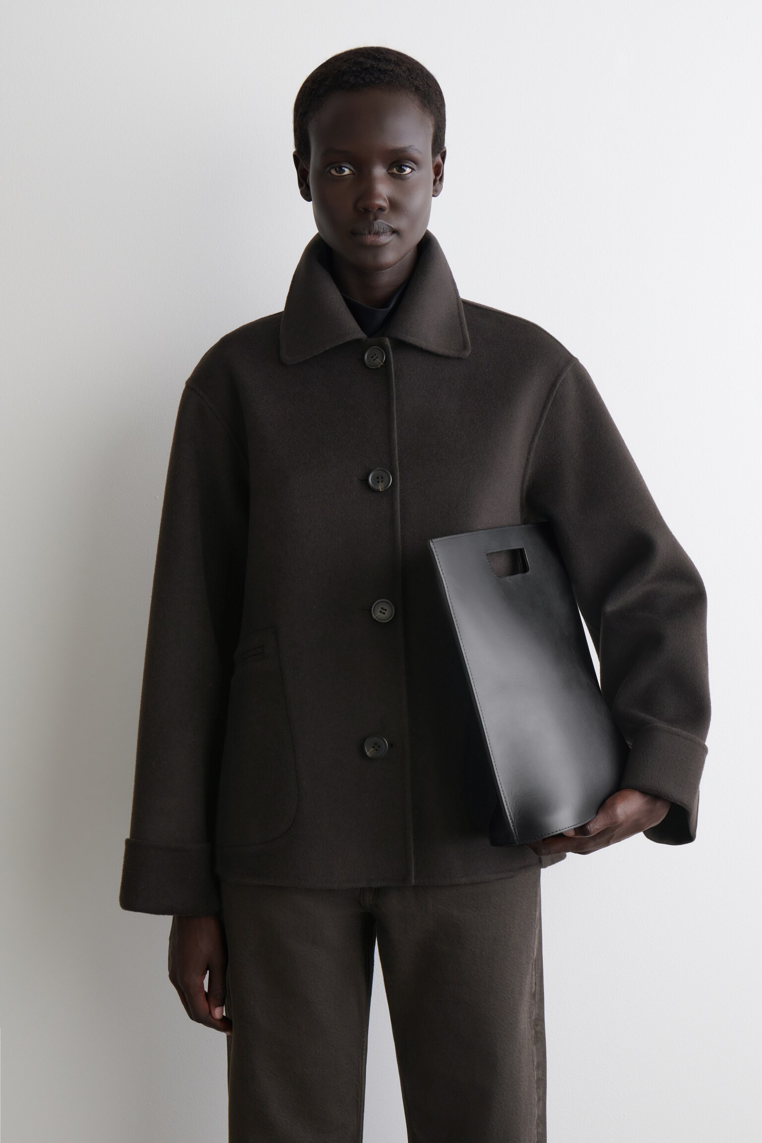 DOUBLE-FACED WOOL SHORT JACKET - DARK BROWN/BLACK - 5