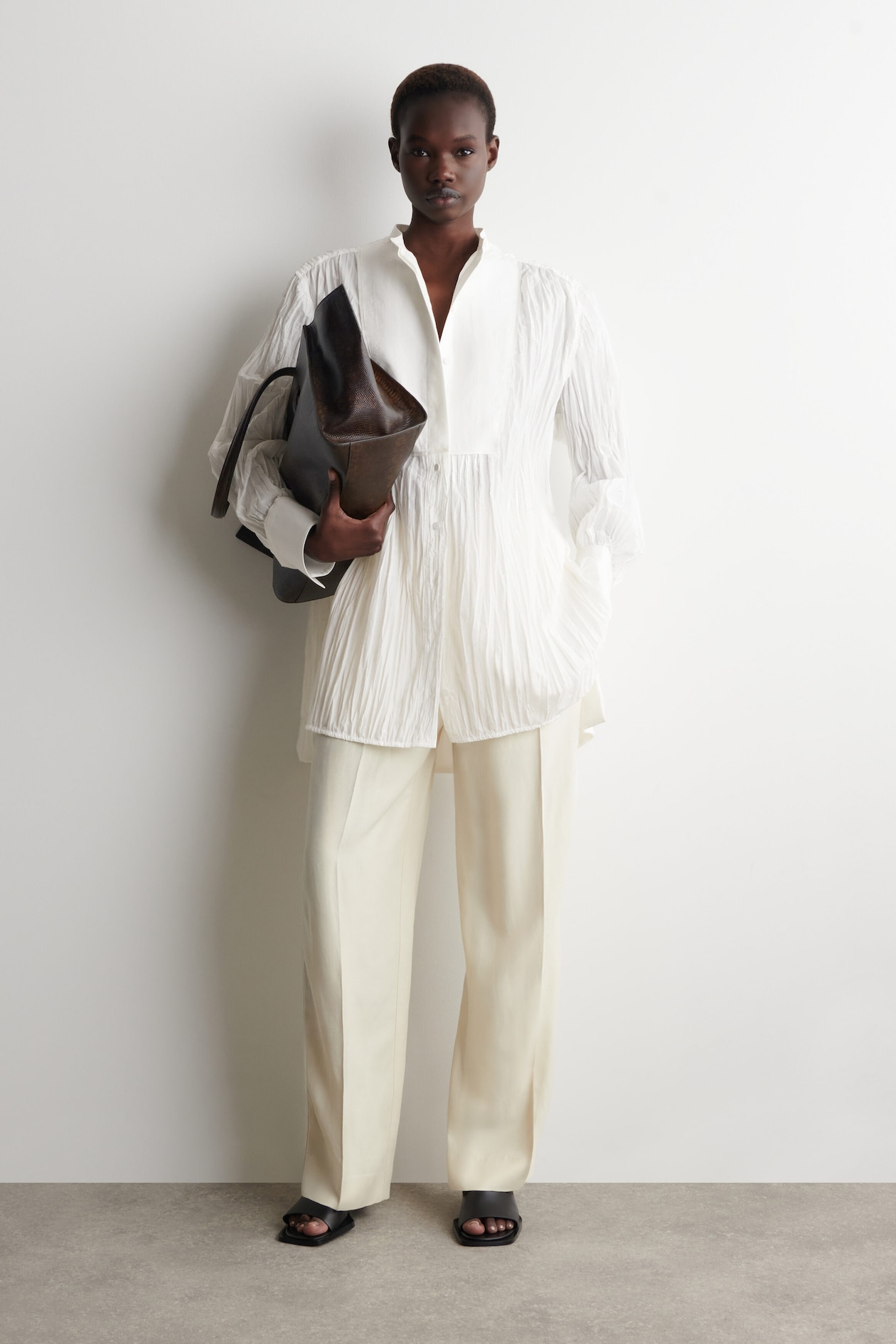 BIB-FRONT CRINKLED-COTTON SHIRT — WHITE