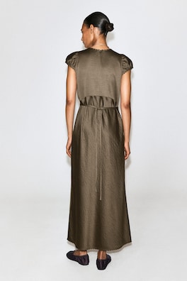 EMBROIDERED SATIN MIDI DRESS — BROWN 4