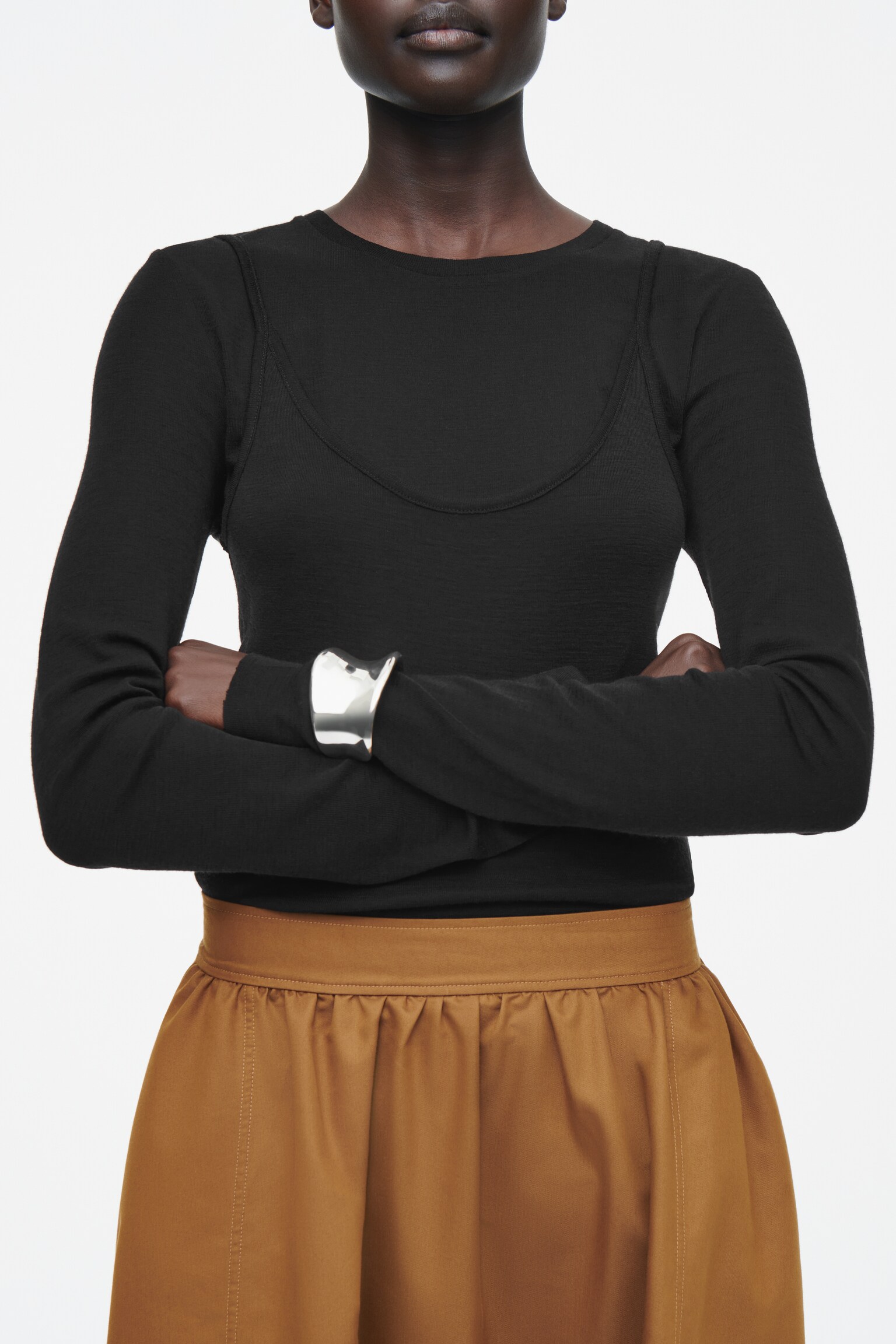 GATHERED A-LINE MIDI SKIRT - BROWN/NAVY - 3