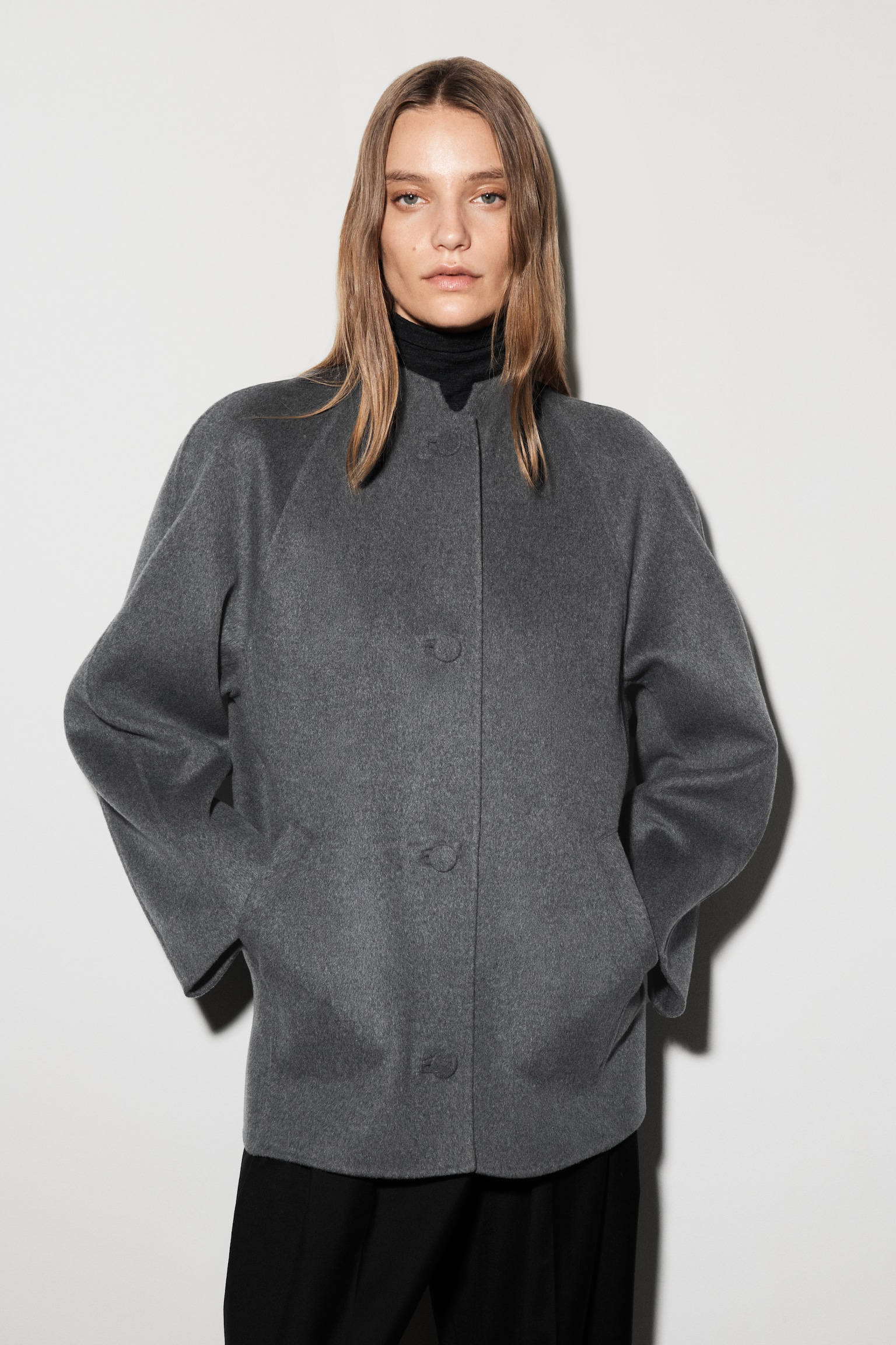 ROUNDED DOUBLE-FACED WOOL JACKET - GREY MÉLANGE - 7