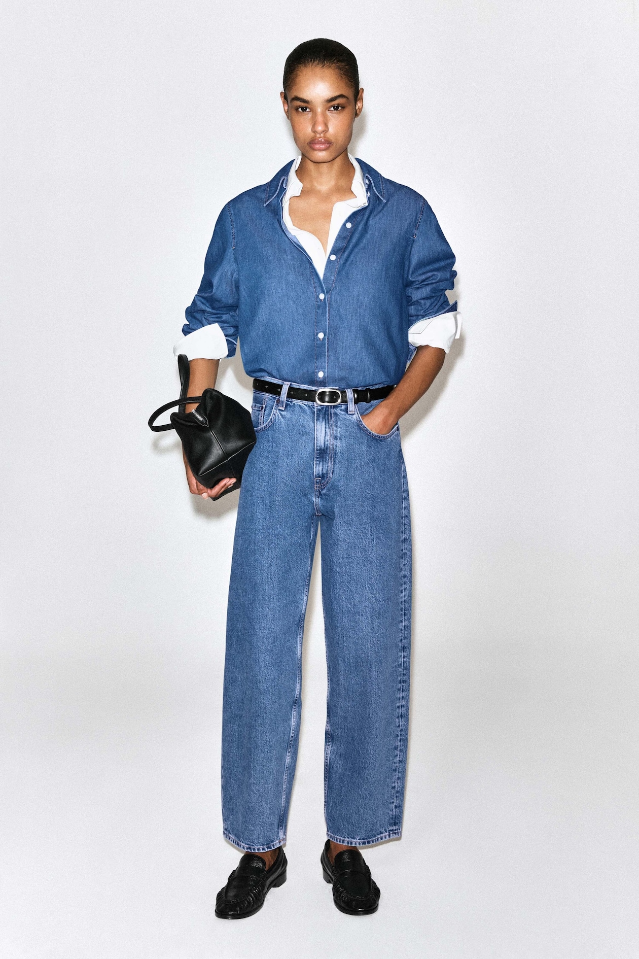 LONGLINE DENIM SHIRT — BLUE