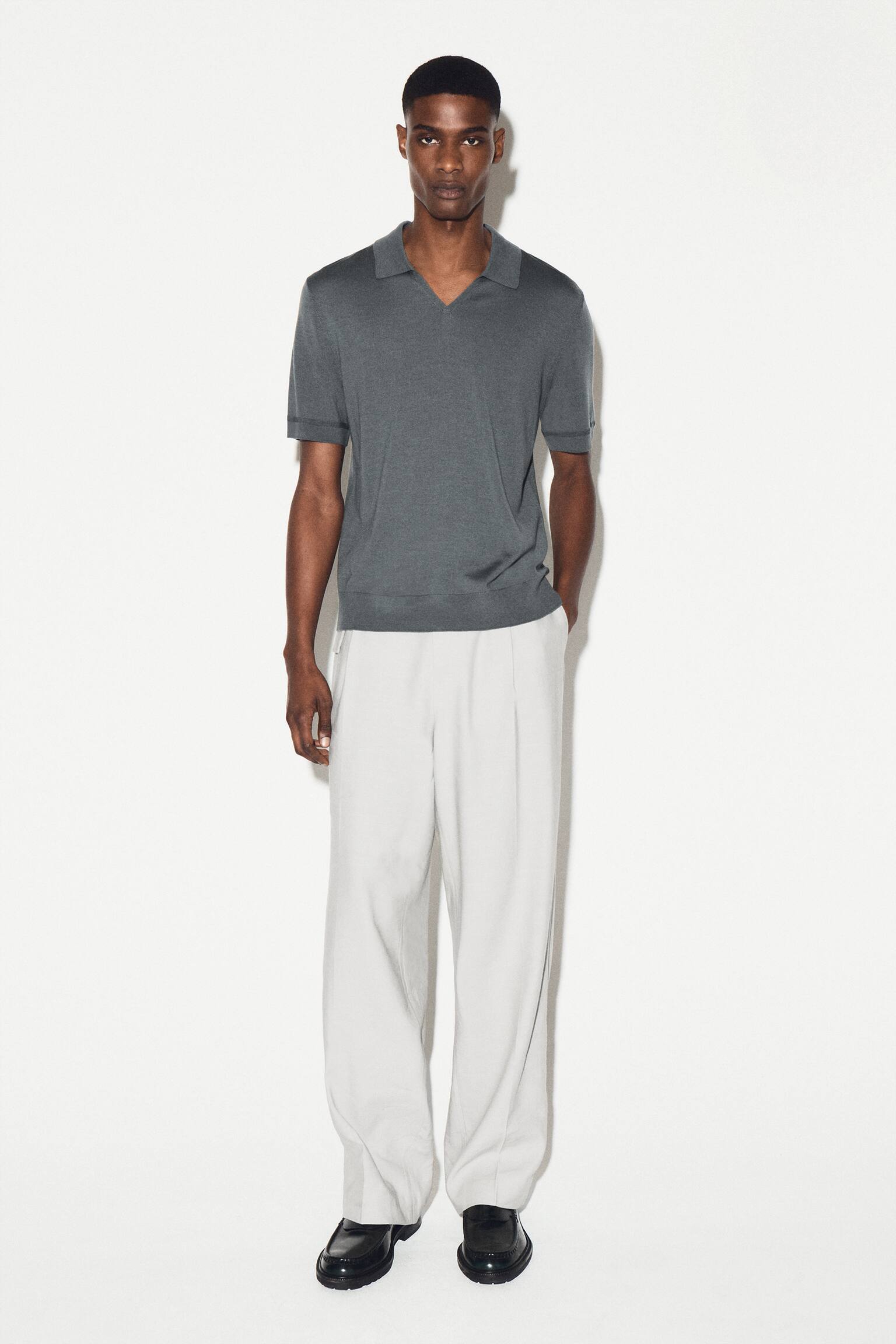 OPEN-COLLAR MERINO WOOL POLO SHIRT - KHAKI/כחול כהה - 6