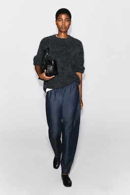 ELASTICATED BARREL-LEG DENIM PANTS — DARK BLUE 2