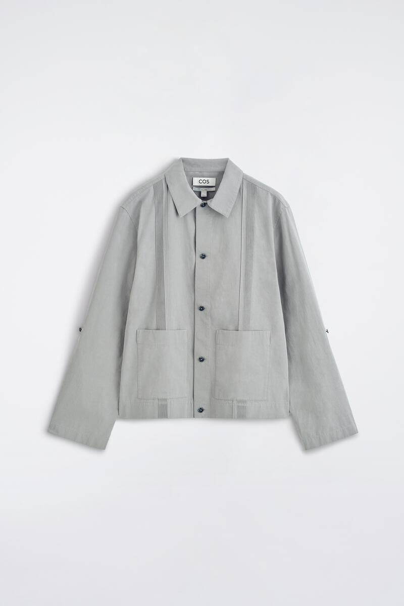 Pintucked Cotton-Linen Overshirt in Gray