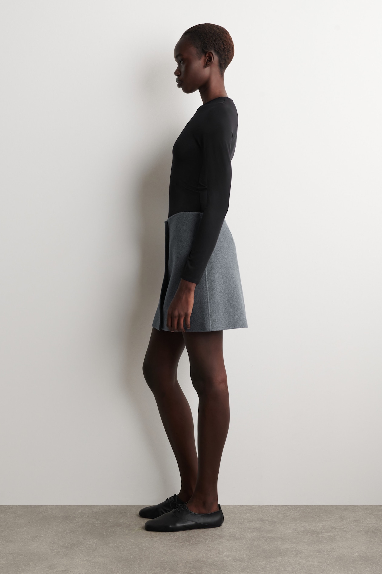 BUTTONED DOUBLE-FACED WOOL MINI SKIRT — GREY