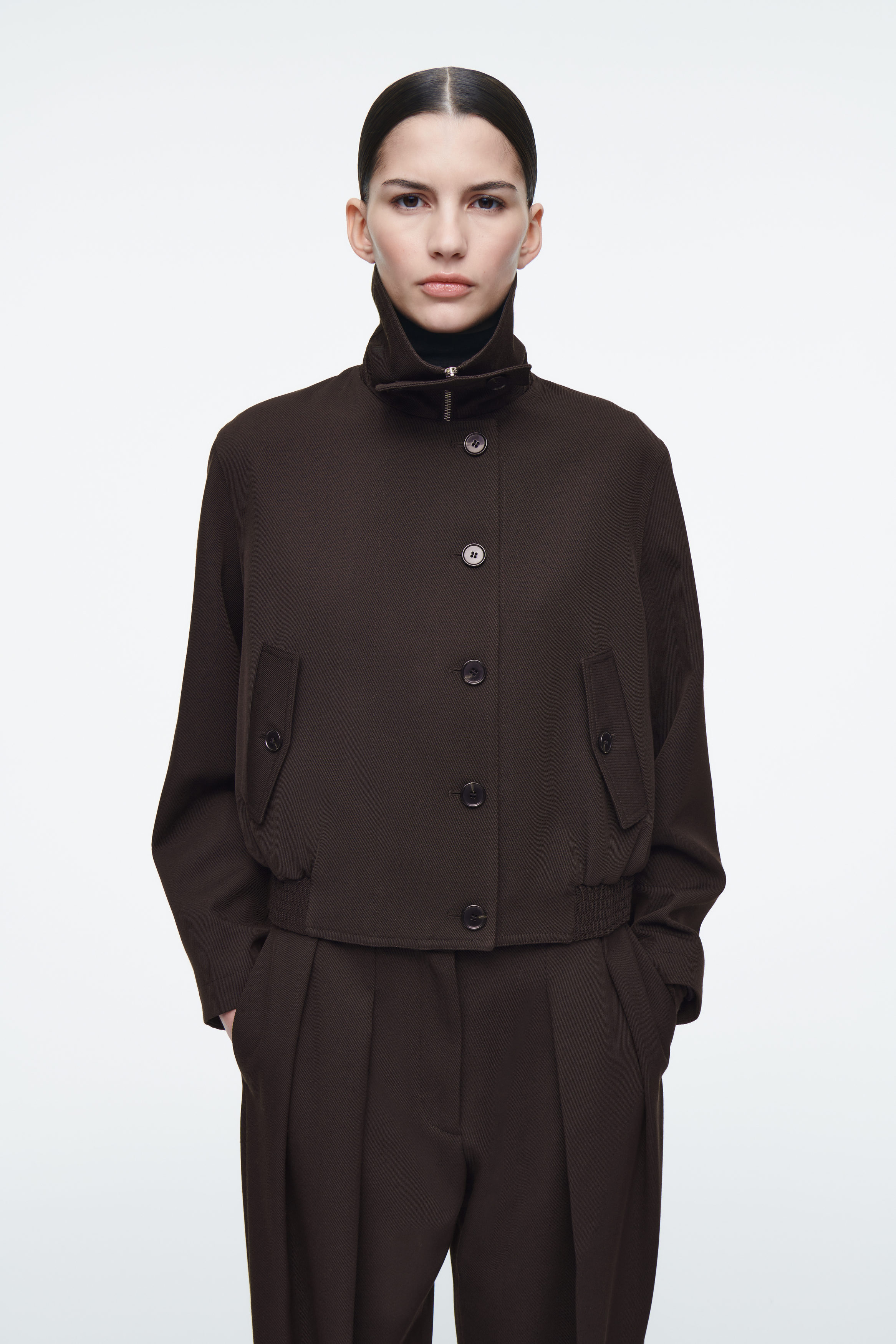 OVERSIZED FUNNEL-NECK WOOL-BLEND JACKET - DARK BROWN | COS