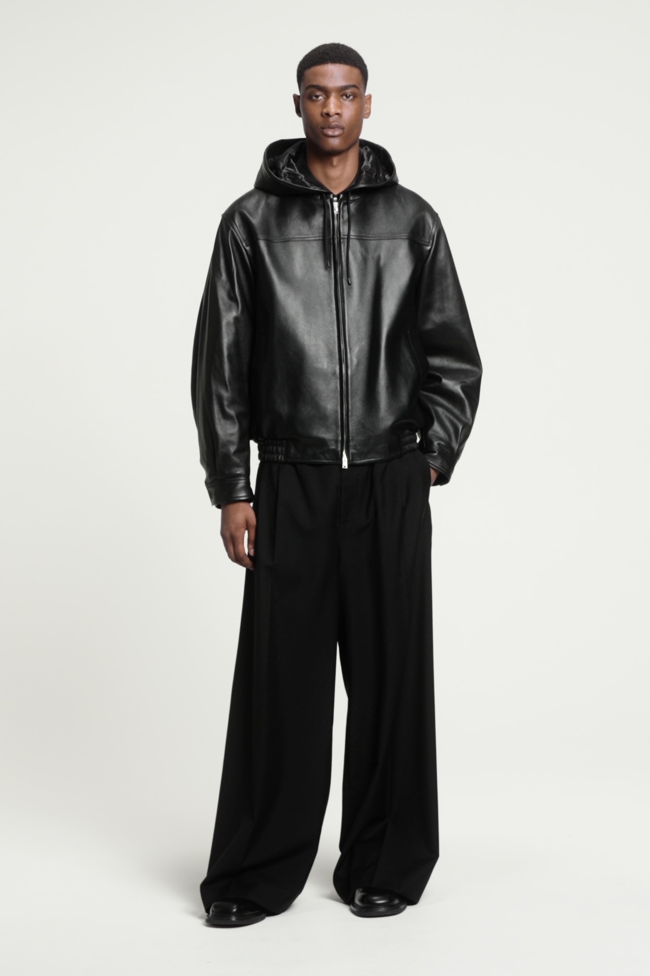 HOODED LEATHER BOMBER JACKET - BLACK | COS