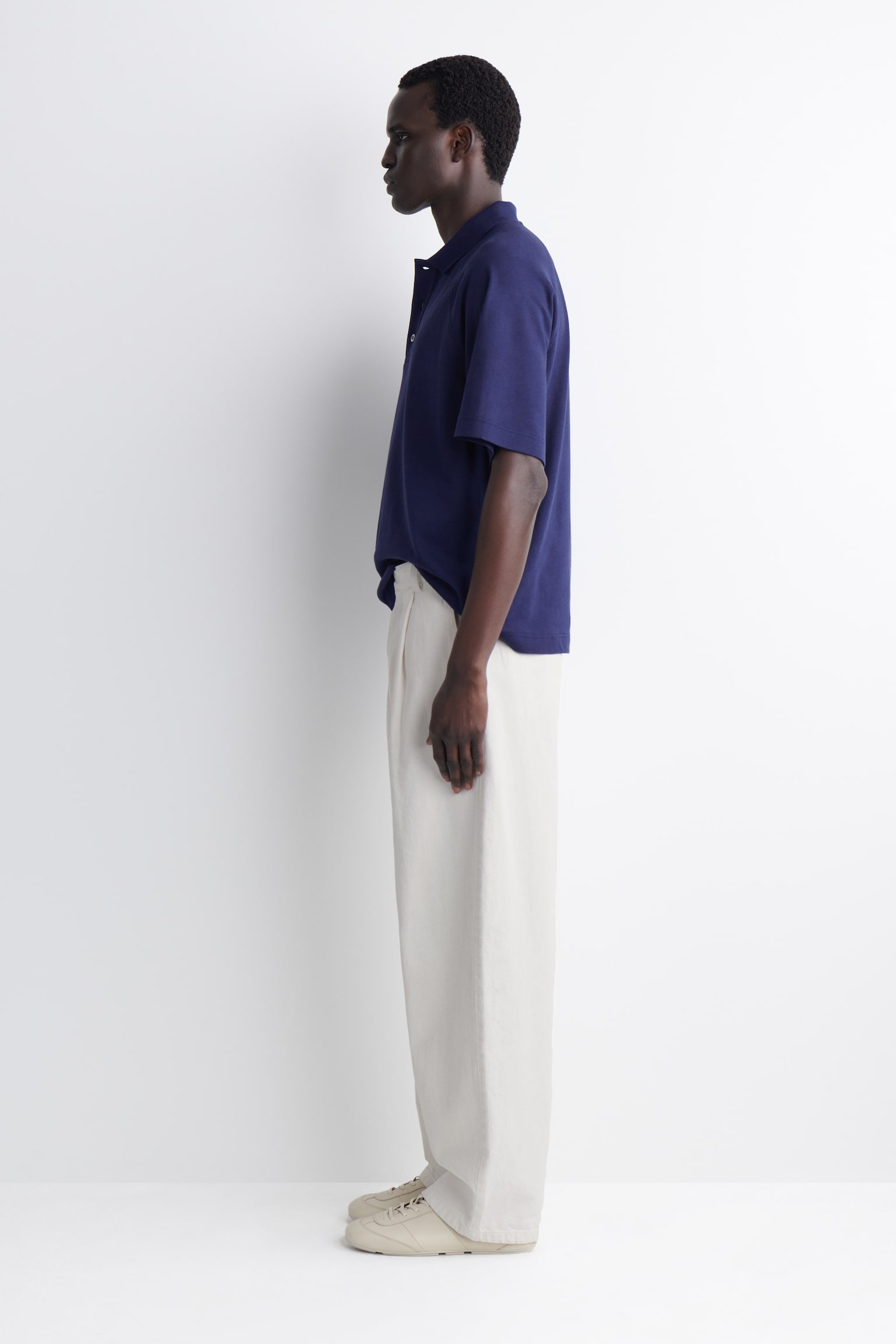 POLO EN MEZCLA DE ALGODÓN Y LINO RELAXED FIT - AZUL MARINO/MARRÓN - 4