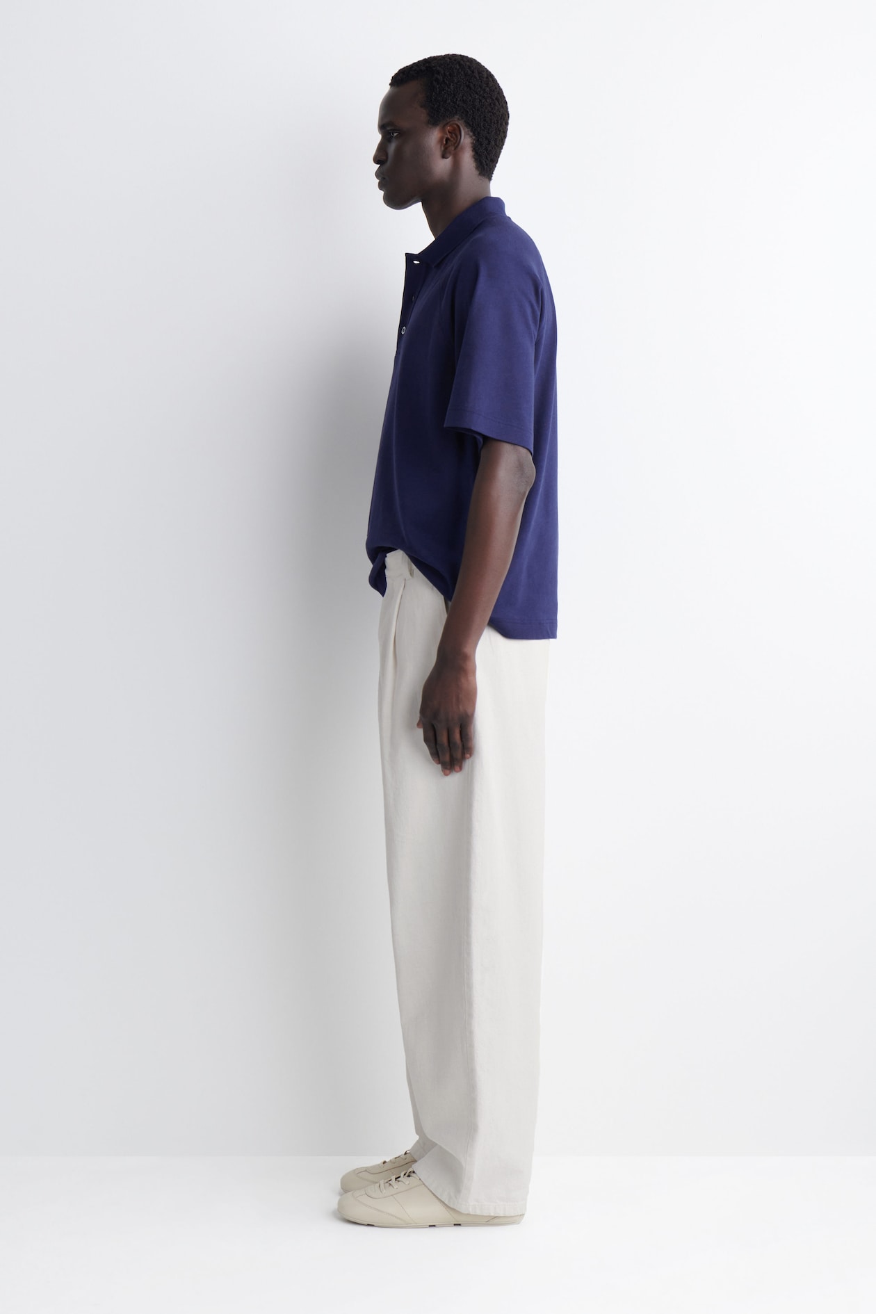 RELAXED COTTON-LINEN POLO SHIRT — NAVY
