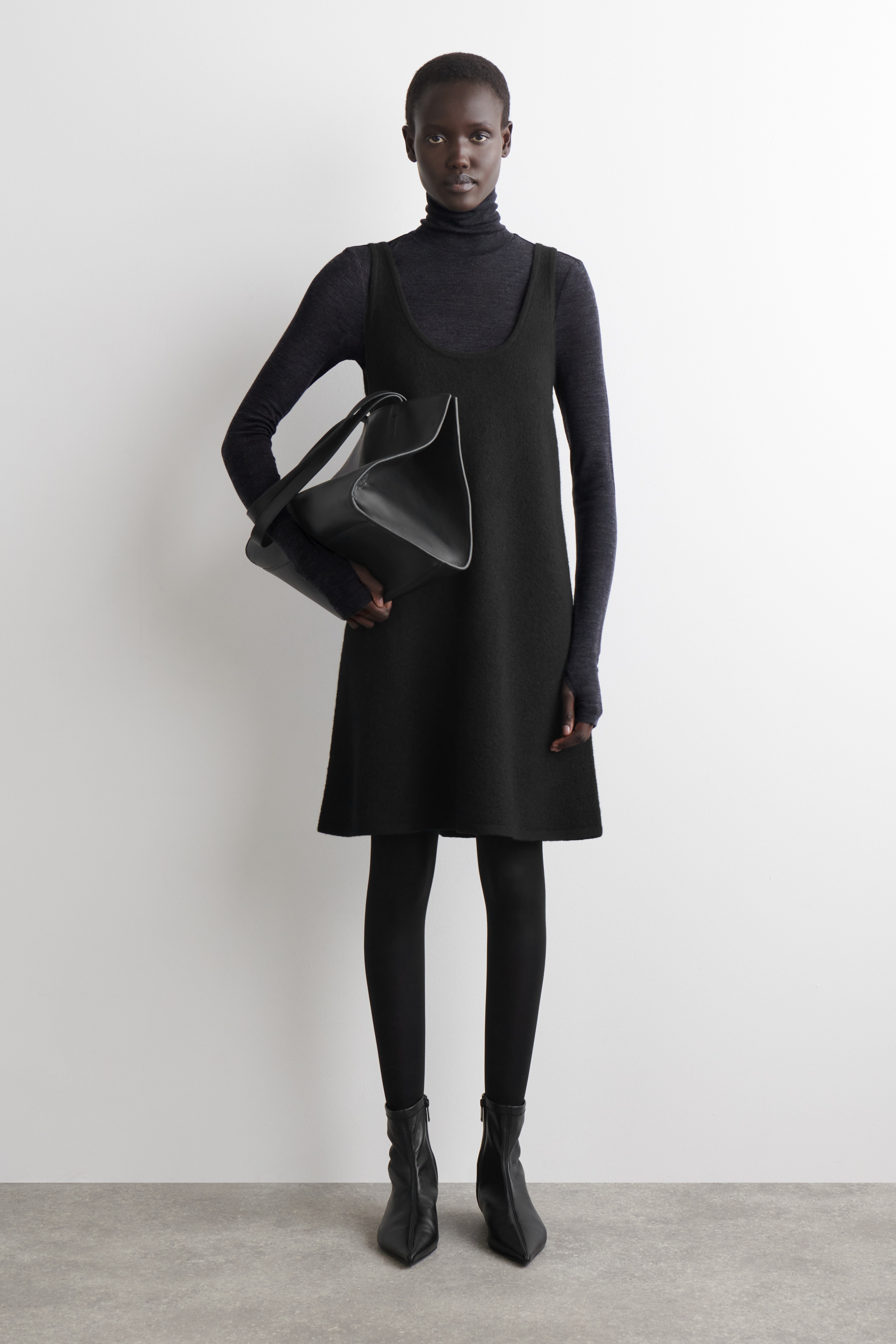 BOILED-WOOL A-LINE MINI DRESS - ЧЕРНО