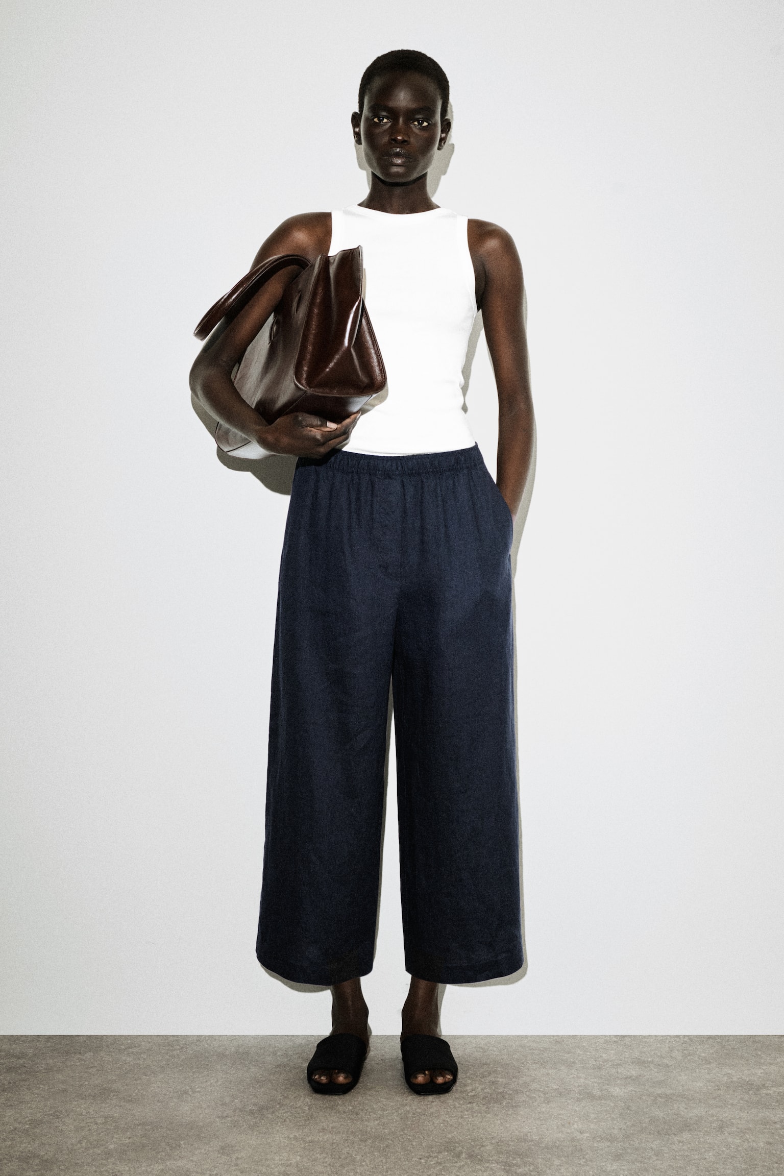 JUPE-CULOTTE EN LIN - BLEU MARINE/JAUNE - 1
