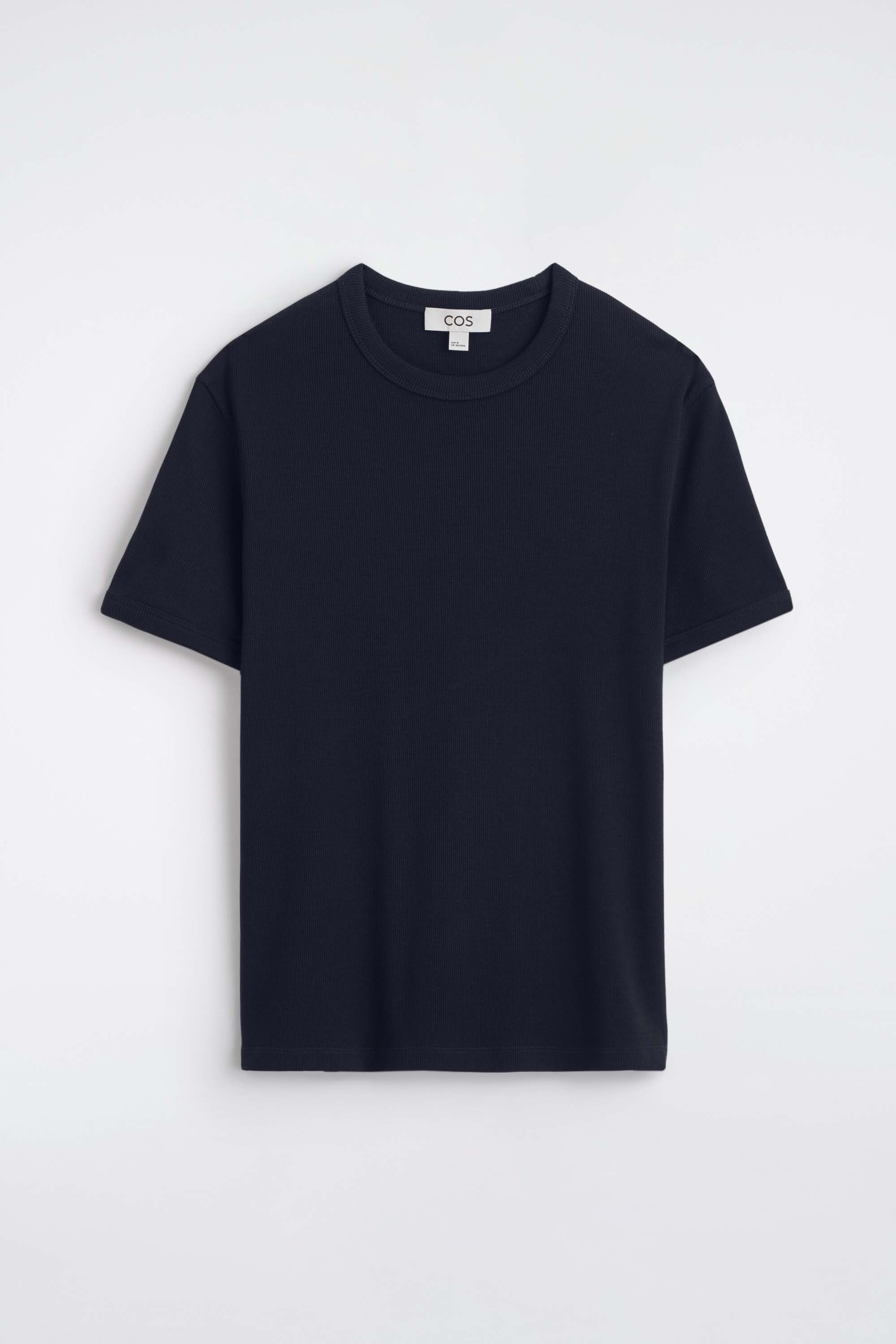 COS SLIM RIBBED スリムフィットリブ Tシャツ S SLIM RIBBED COTTON T-SHIRT - NAVY | COS US