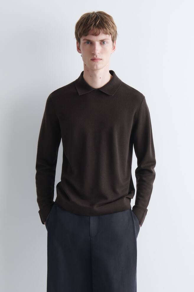 LAYERED-COLLAR LYOCELL-WOOL POLO JUMPER - BROWN - 1