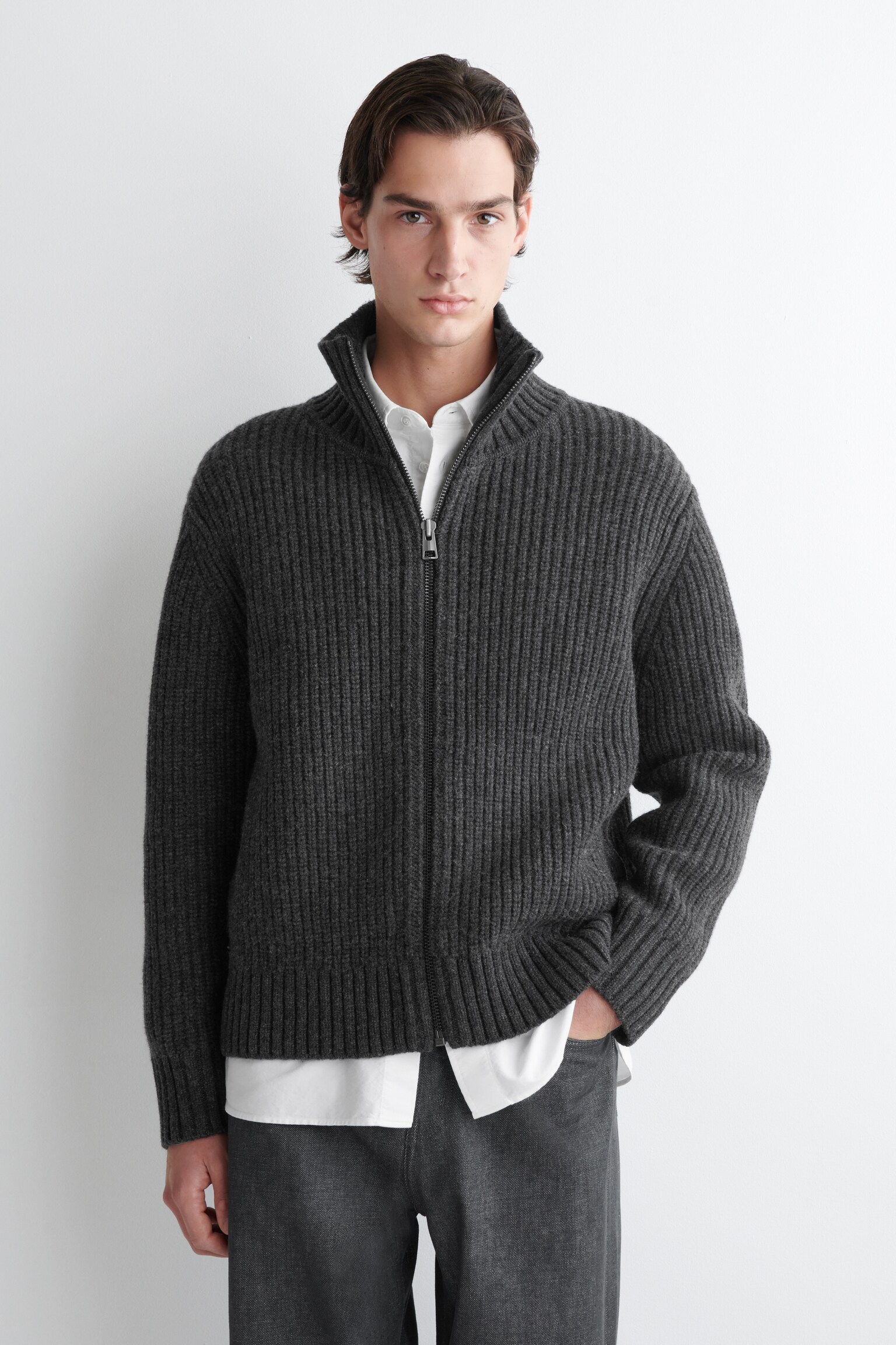 FUNNEL-NECK KNITTED WOOL JACKET - CHARCOAL/STONE - 1