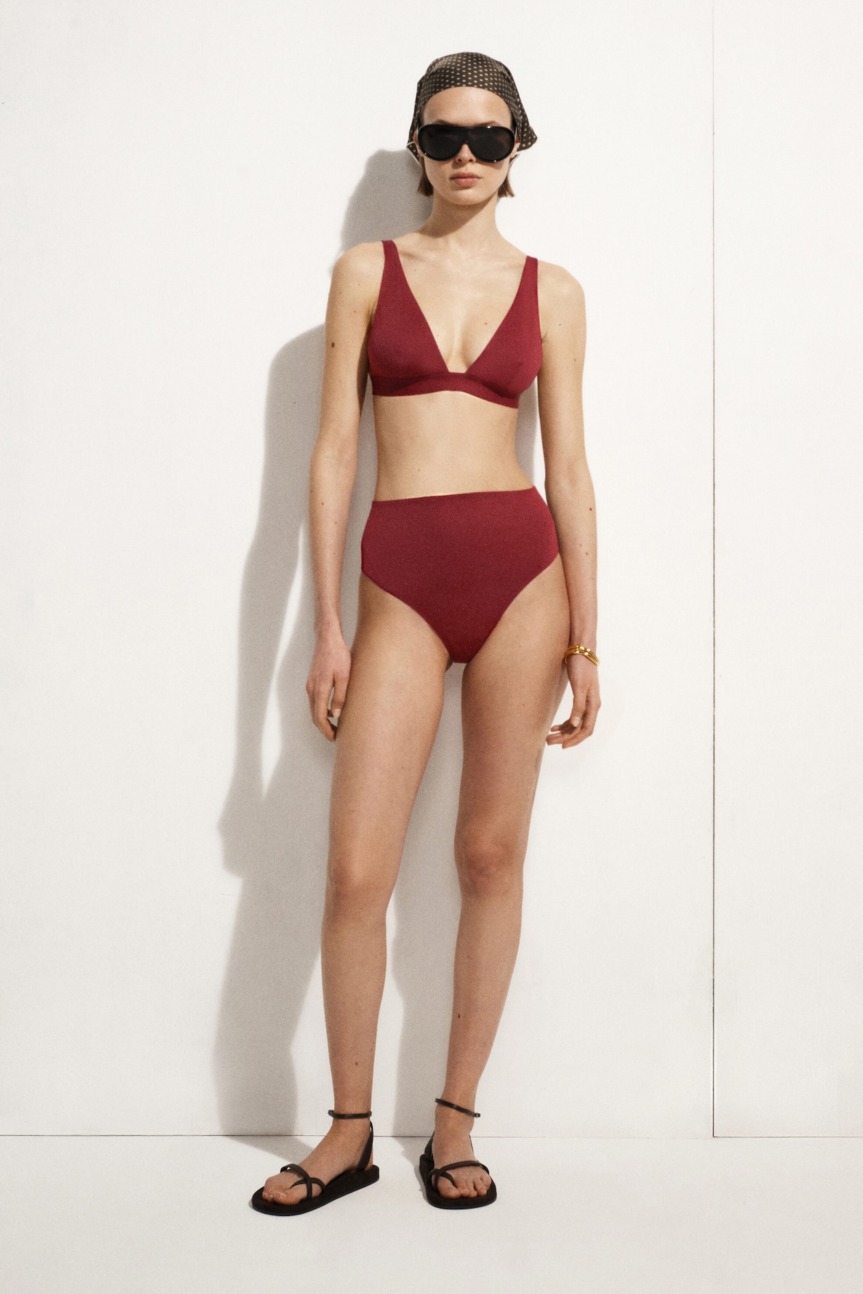 BONDED-SCUBA HIGH-WAISTED BIKINI BRIEFS — DARK RED