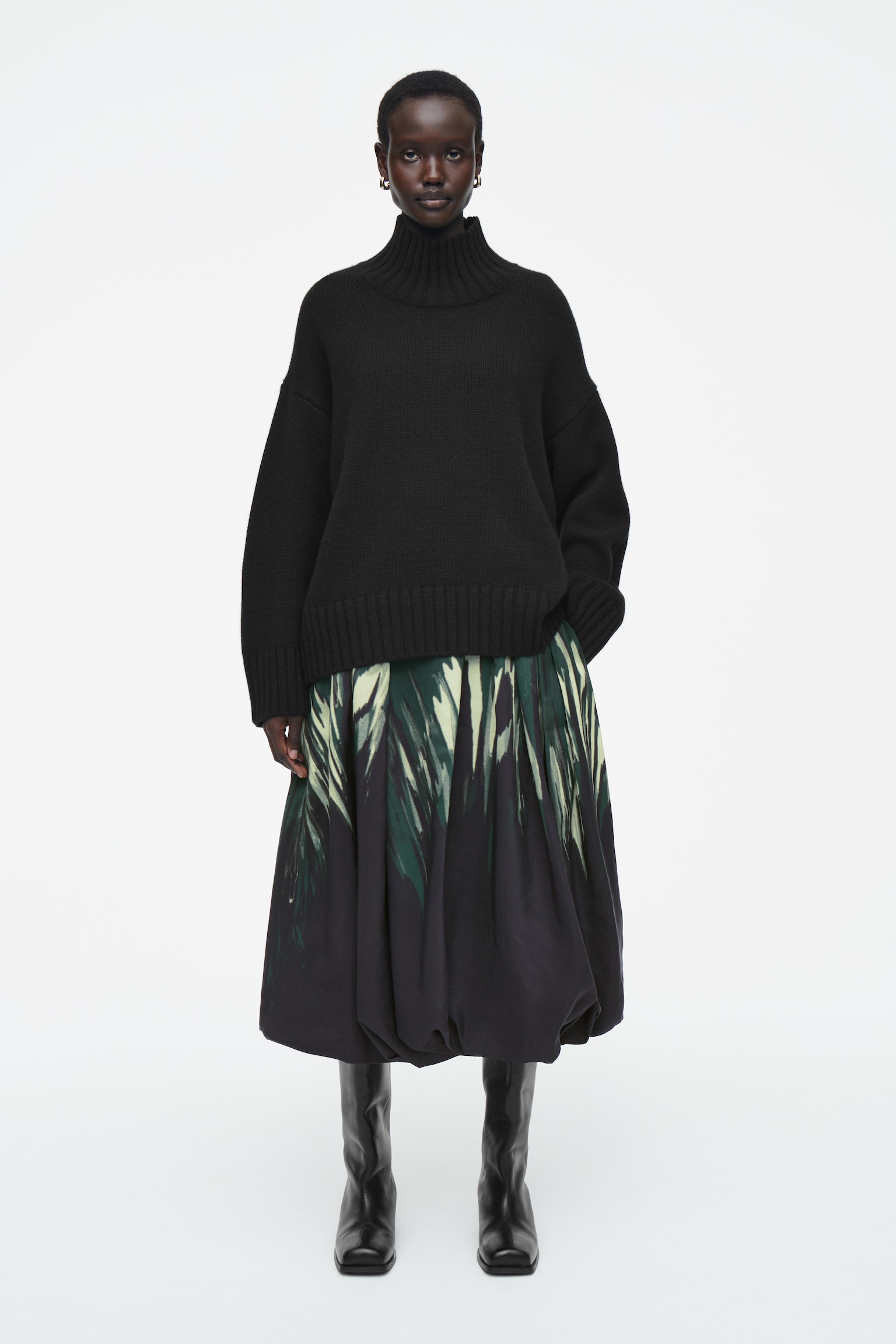 PRINTED BUBBLE-HEM MIDI SKIRT - BLACK / PRINTED